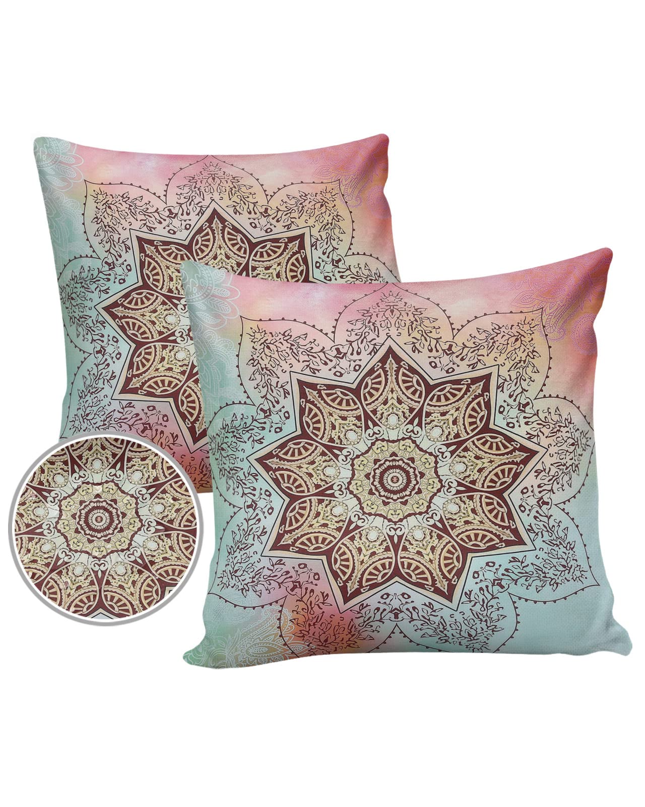 Waterproof Outdoor Throw Pillow Covers 16x16 Inch Set of 2 - Mandala Floral Pattern Decorative Zippered Cushion Covers for Patio Furniture, Garden, Porch & Backyard Decor