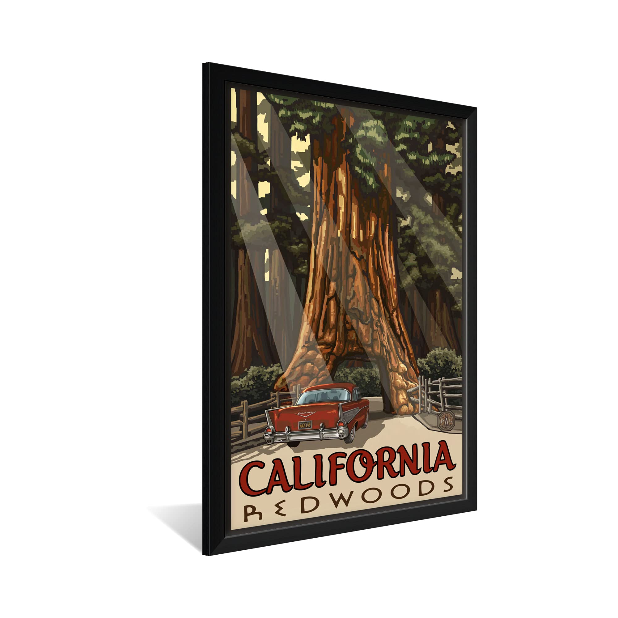 California Redwoods Car Thru Tree Framed Art Print - 26x38 Inch Wall Decor by Paul A. Lanquist | Perfect for Living Room, Office & Travel Lovers Home Decor