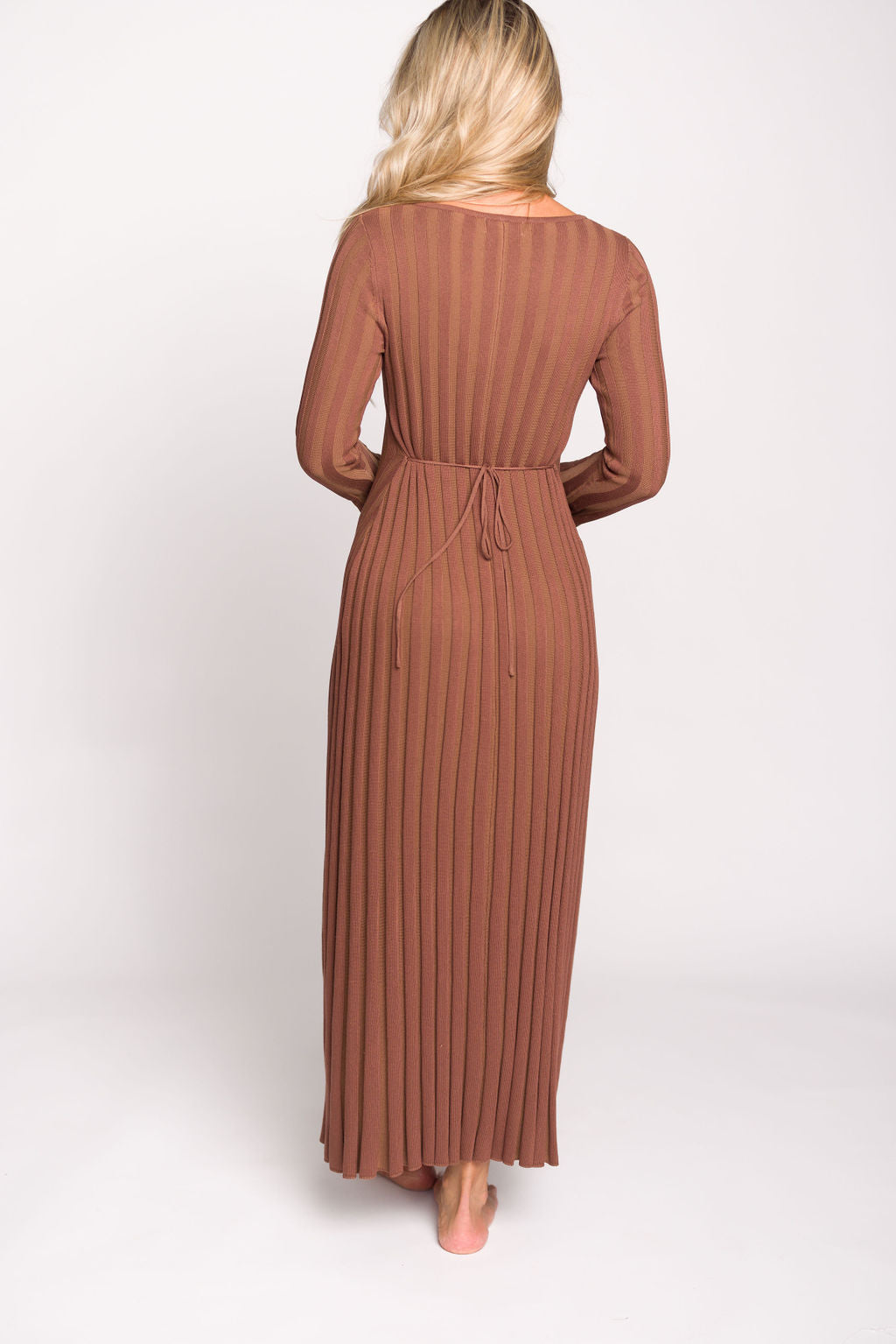 Hadley Long Sleeve V Neck Knit Maxi Dress in Cocoa - Women's Elegant Casual Maxi Dress for Fall & Winter | Perfect for Office, Date Night & Holiday Parties