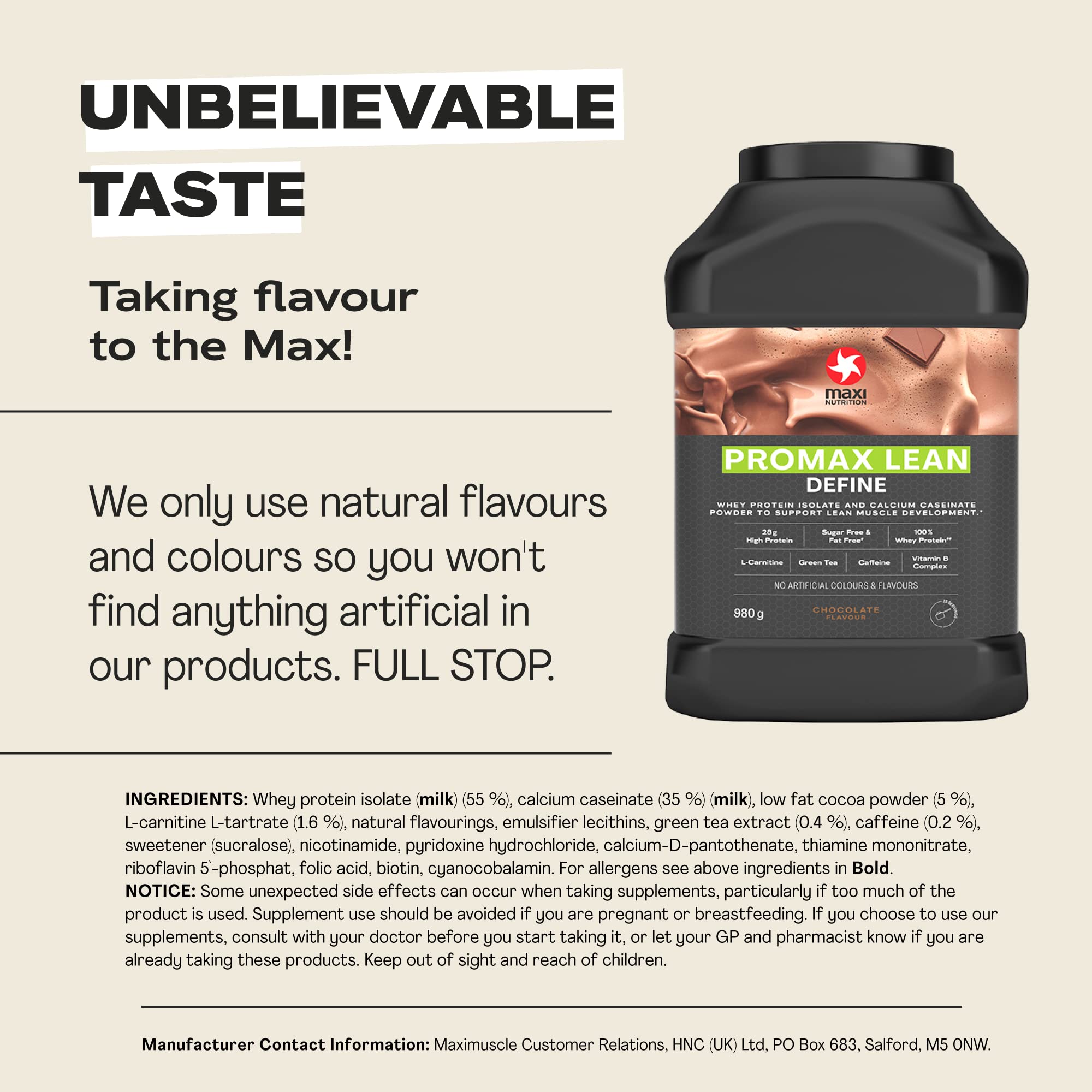 MaxiNutrition Promax Lean Chocolate Whey Protein Powder - 28g Protein, Sugar Free, Fat Free, 128kcal per Serving for Lean Muscle Development - Ideal for Post-Workout Recovery & Weight Management (980g)