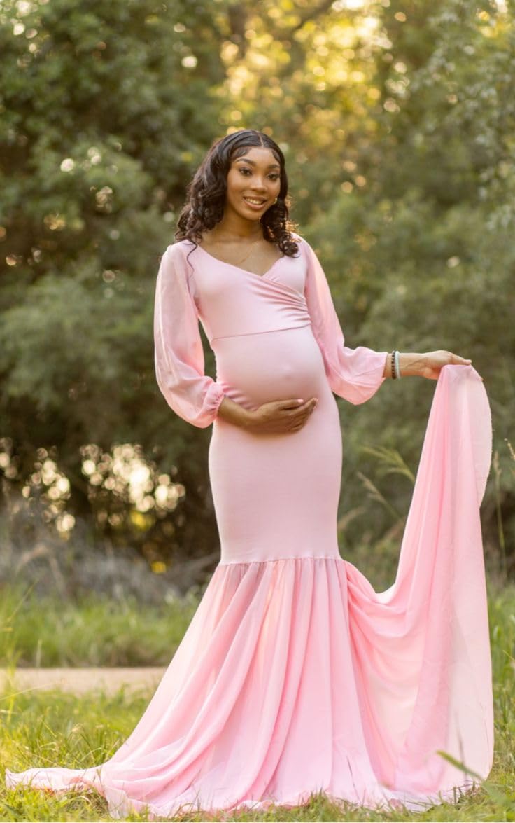 Saslax Elegant Long Chiffon Sleeve Mermaid Maternity Dress for Photoshoot, Baby Shower, Pregnancy Photos, and Special Occasions - Comfortable & Stylish Maternity Gown for Expecting Mothers