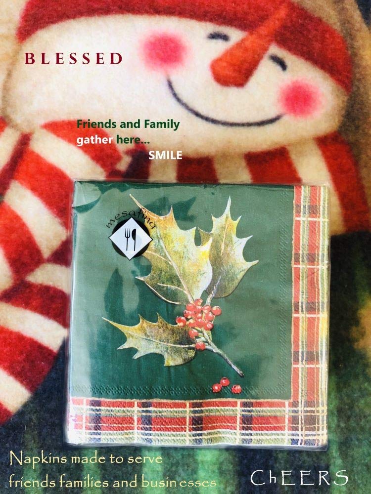 40-Count 5x5 Holly Christmas Napkins - Decorative Holiday Dinner & Cocktail Paper Napkins for Christmas Parties, Decoupage, and Beverage Service