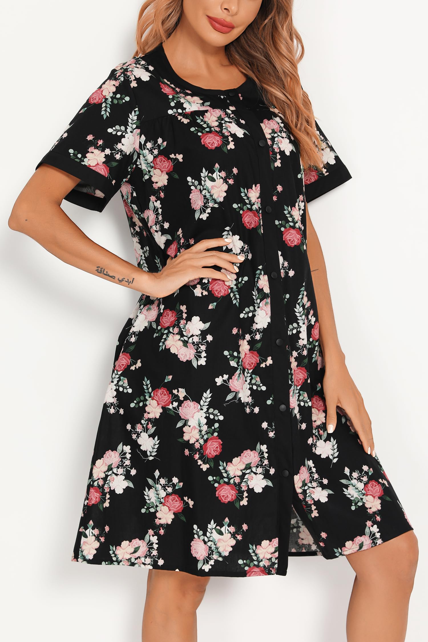 YOZLY Women's Short Sleeve House Dress with Pockets - Comfortable Casual Duster Robe & Moomoo Nightgown for Home, Lounge, and Sleepwear