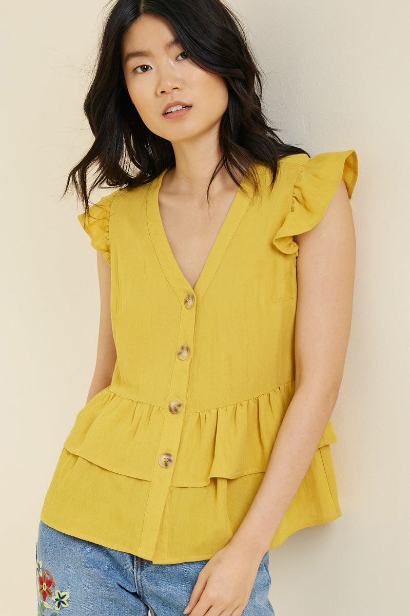 Women's Stylish Button Down Tiered Ruffle Hem Blouse - Perfect for Office Wear, Date Nights & Casual Outings