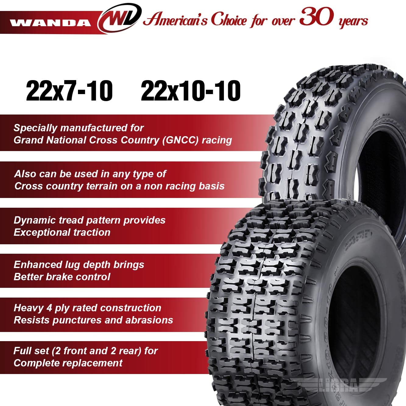 **WANDA 22x7-10 & 22x10-10 ATV Tires Complete Set for Yamaha Big Bear 250 & Bruin 250 Sport - Durable Off-Road & Trail Riding**