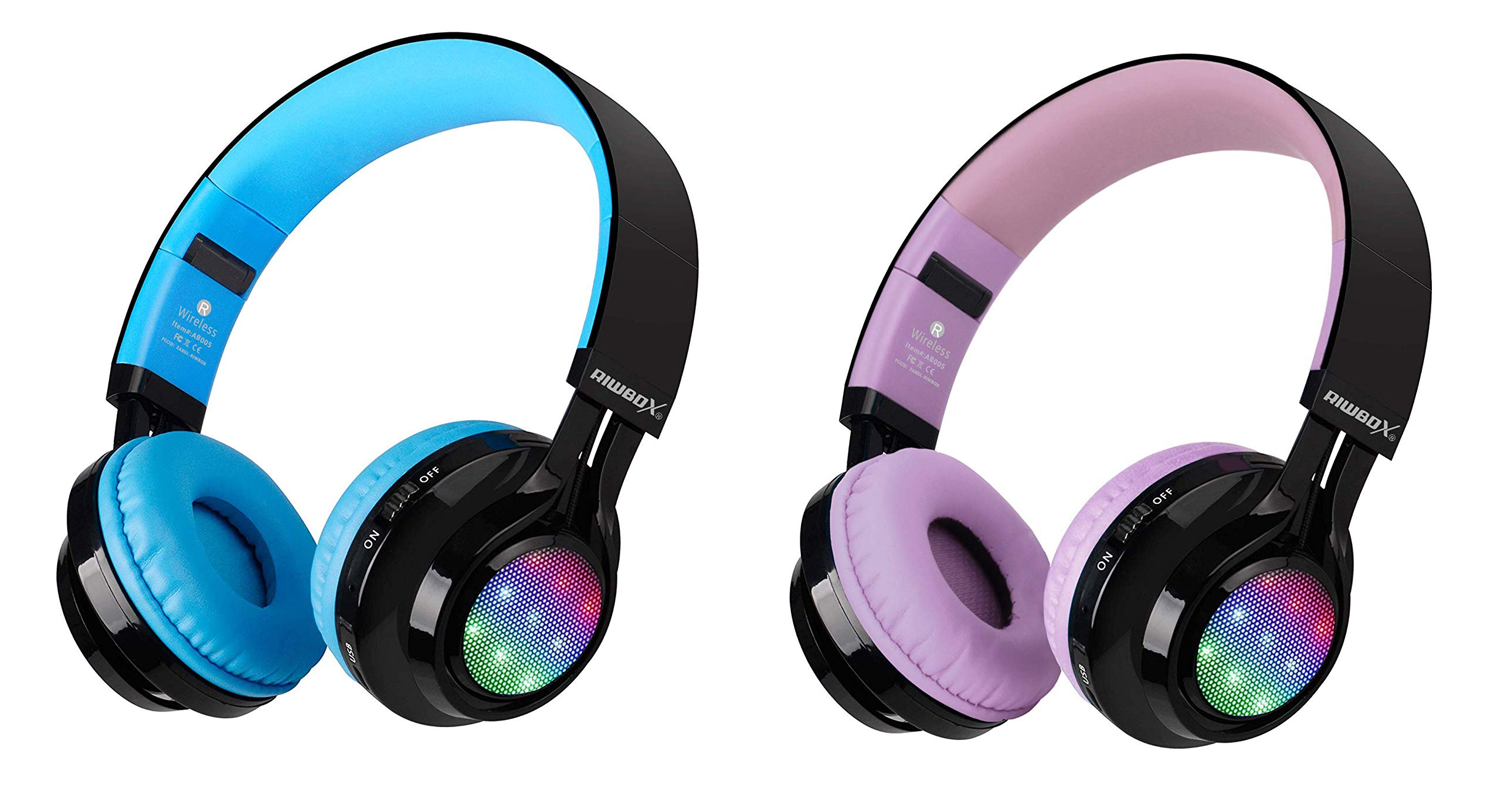 Riwbox AB005 Wireless Kids Headphones with Mic, FM Radio, LED Light - 2 Pack Foldable Headset Bundle for iPhone, Android, PC, Laptop, Tablet | Perfect for School, Travel & Online Learning