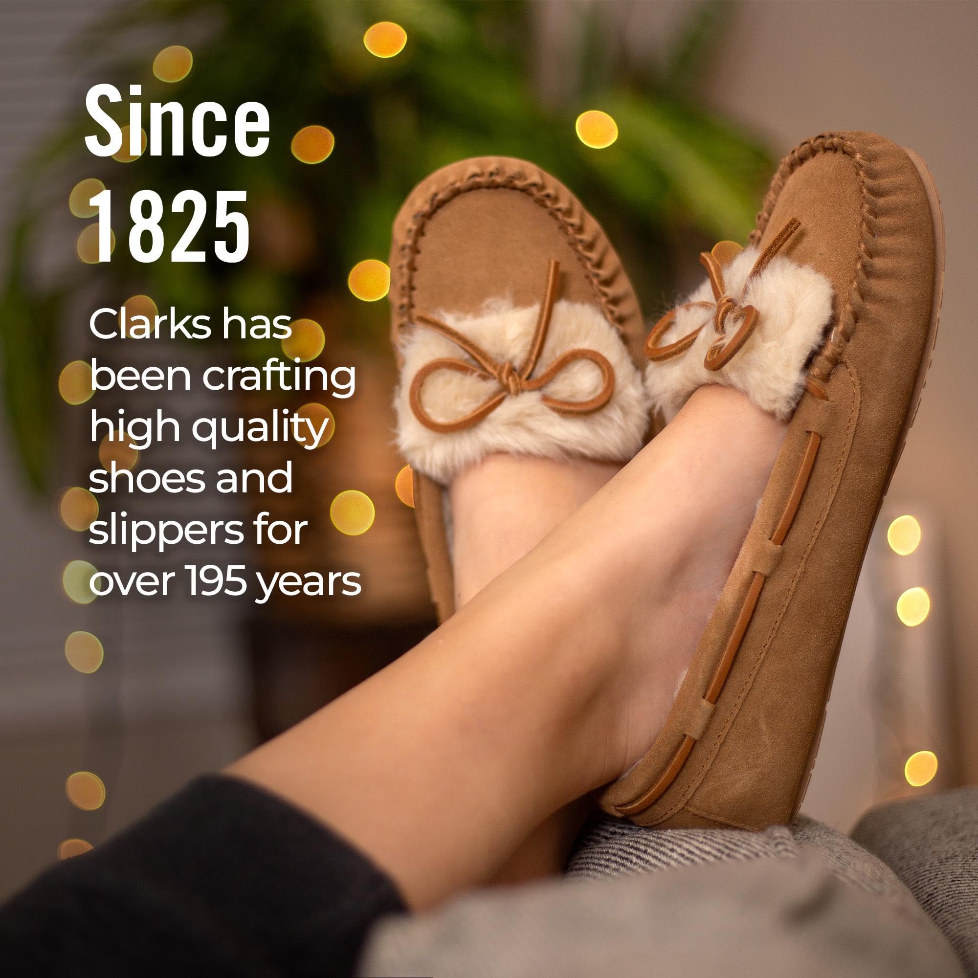Clarks Women's Folded Tongue Suede Leather Moccasin Slippers ICH30746C - Plush Faux Fur Lined Comfort - Indoor/Outdoor House Shoes for Women - Perfect for Lounging, Running Errands & Cozy Home Wear