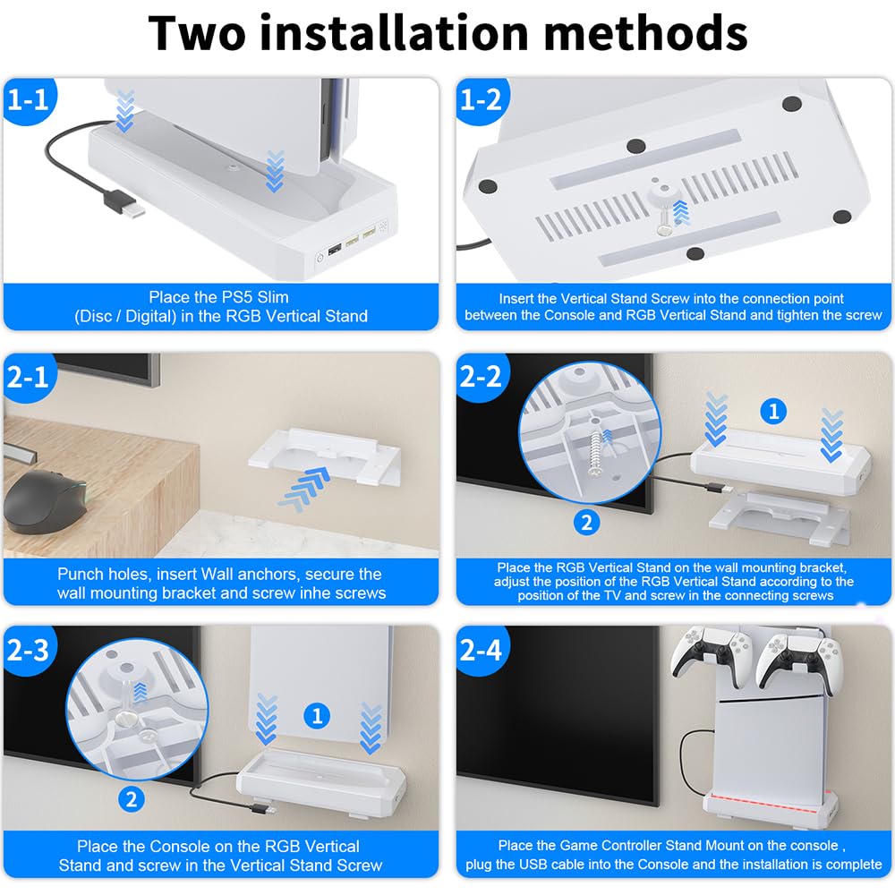 JOYJOM PS5 Slim Stand - Vertical & Wall Mount Kit with RGB LED Lights & 3 USB Ports for PS5 Slim Digital/Disc Edition - Perfect for Gaming Setup & Console Display