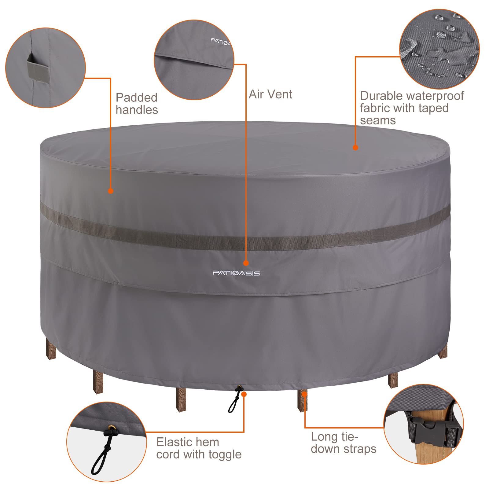 Waterproof Windproof UV-Resistant 90-Inch Round Outdoor Table Cover with 7-9 Chair Covers - Grey Patio Furniture Protector for Dining Sets up to 30 Inches High | Perfect for Backyard, Garden, and Poolside Use