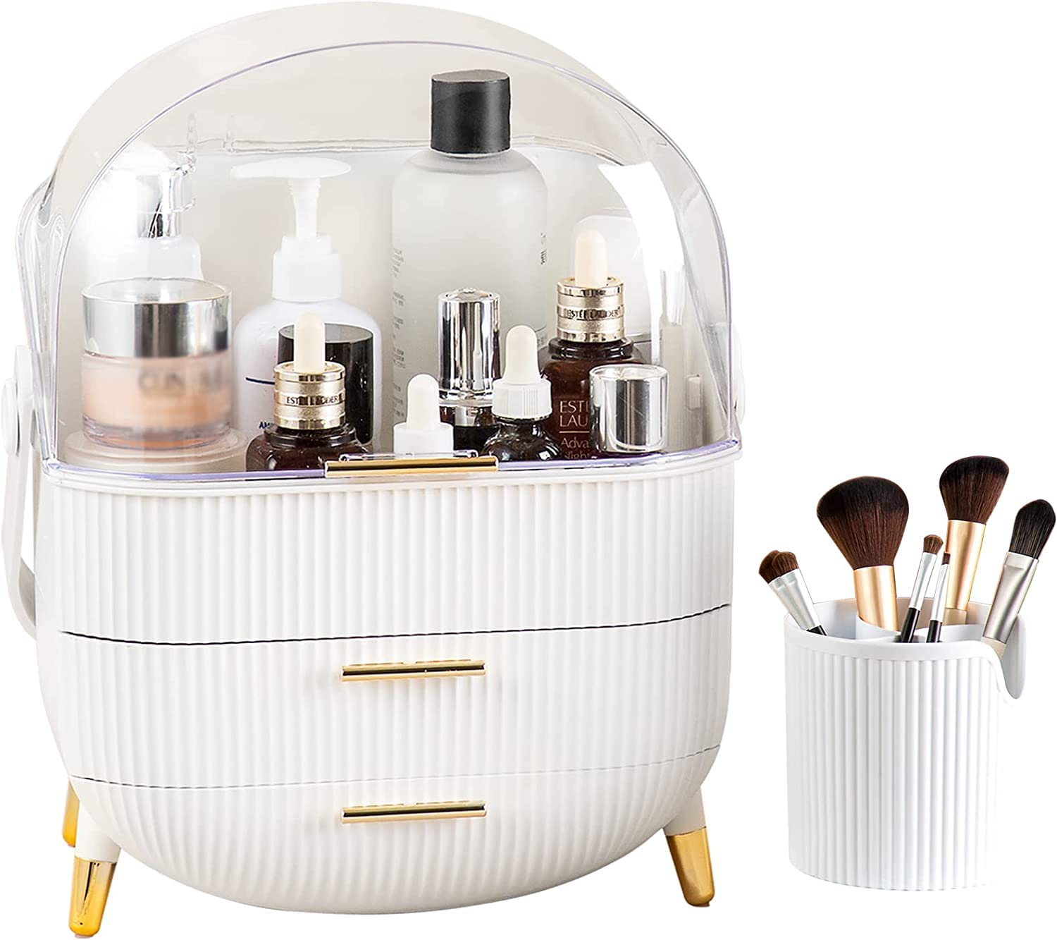 White Makeup Storage Organizer - Cosmetic Display Case with Brush Holder & Lipstick Organizer, Skincare Organizer for Bathroom Countertop, Bedroom Vanity Desk & Travel | Perfect for Daily Beauty Routine & Travel Essentials