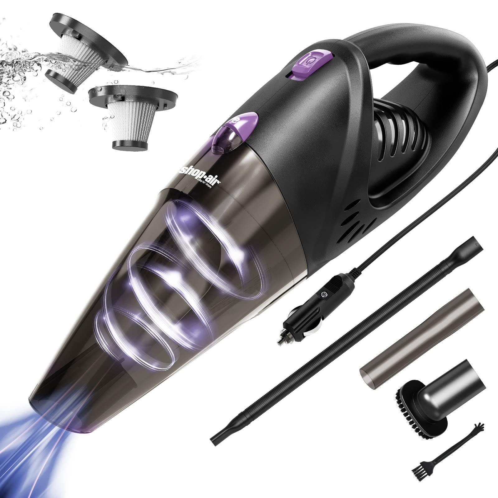 SHOPAIR 12V/106W High Power Handheld Car Vacuum Cleaner with 16 Ft Cord & HEPA Filtration - Portable Auto Vacuum for Car Interior, Home, Office (Purple) - Perfect for Cleaning Seats, Carpets and Tight Spaces