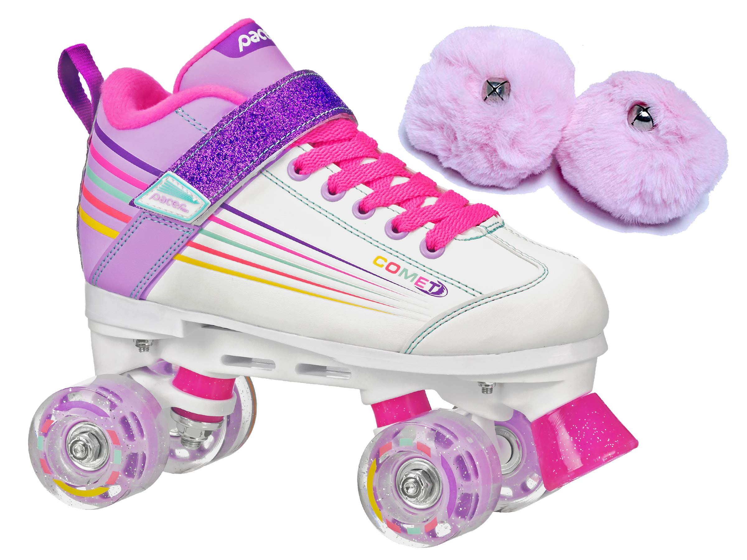 Pacer Comet Kids Light Up Roller Skates with Baby Pink Poms - Adjustable Size for Girls & Boys, Best for Indoor & Outdoor Skating, Birthday Gifts, and Fun Activities