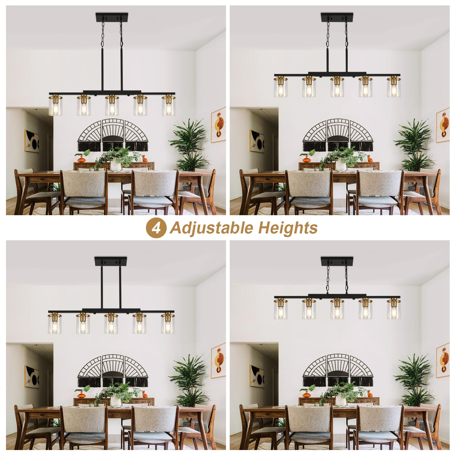 5-Light Modern Farmhouse Chandelier - Black & Gold Rustic Kitchen Island Lighting with Clear Glass Shades - Perfect for Dining Room, Breakfast Nook, and Kitchen Table Pendant Lighting
