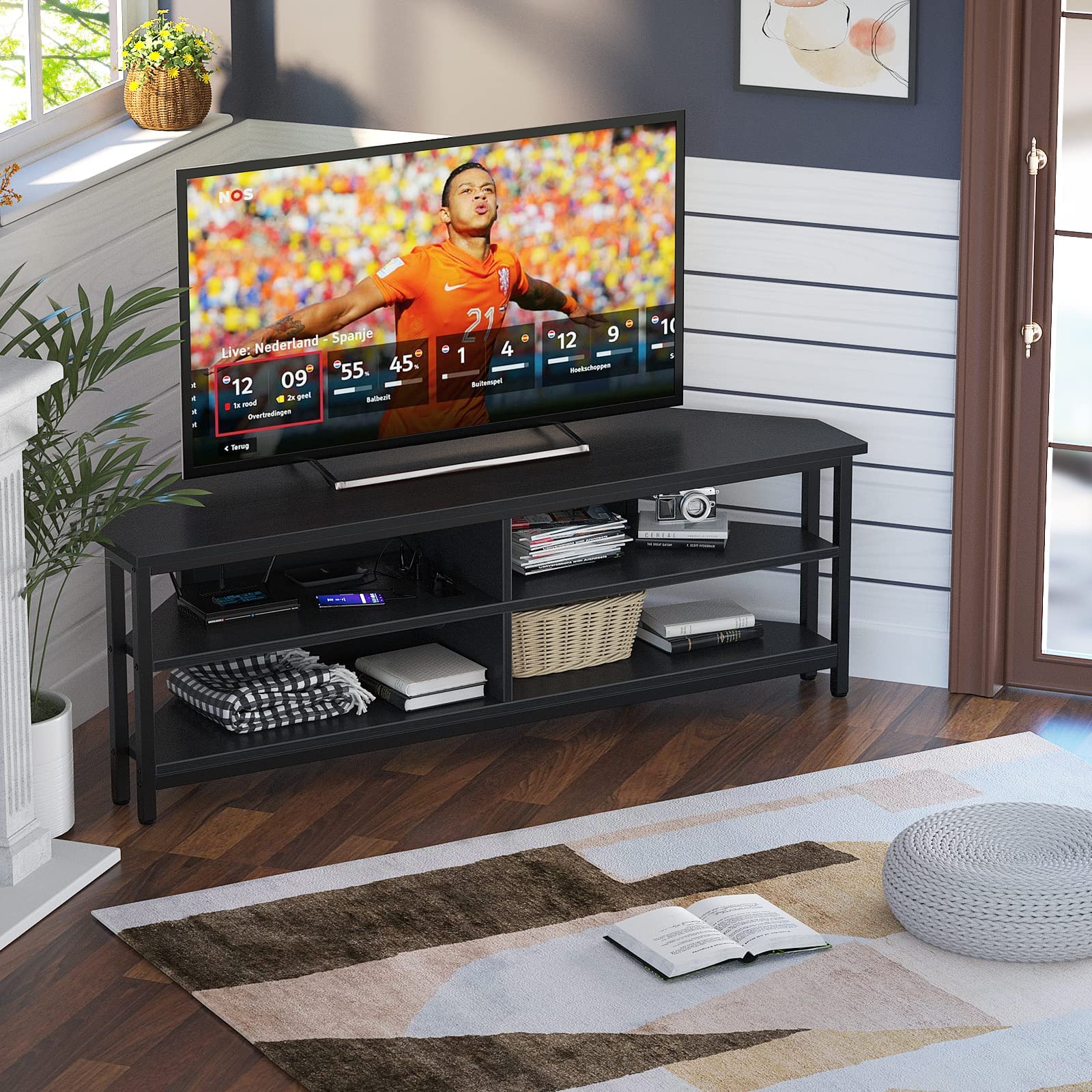 Unikito Corner TV Stand with Power Outlet - Wooden Entertainment Center with 4 Open Shelves, Corner TV Cabinet for Living Room & Bedroom - Fits 55 Inch TVs (Black) | Perfect for Small Spaces & Home Theater Setups