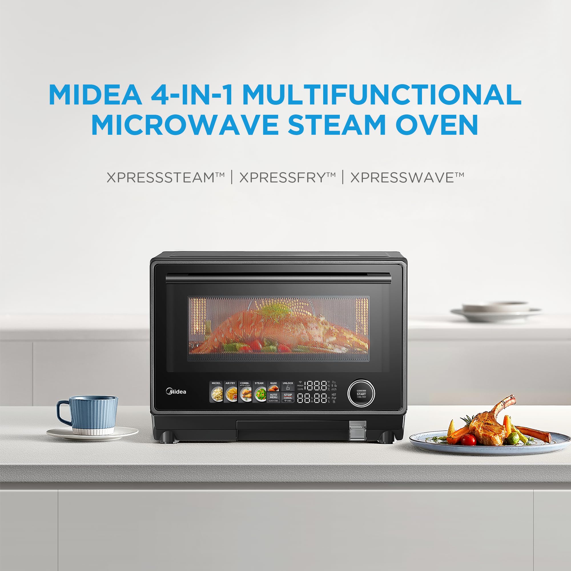 Midea 4-in-1 Multifunctional Microwave Oven with Air Fryer, Steamer & Convection - 32 Auto Programs, Adjustable Power/Temperature, 0.9 Cu.Ft (23L) Capacity, Color Touch Screen - Perfect for Small Kitchens, Quick Meals & Healthy Cooking