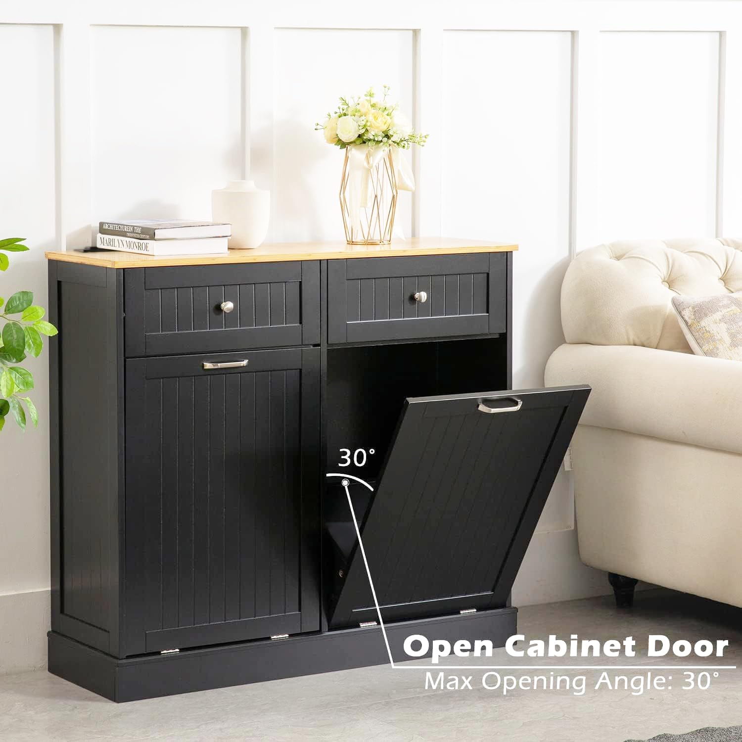 GAZHOME 20 Gallon Double Tilt-Out Trash Cabinet with Built-In Charging Station & Hideaway Drawer - Upgraded Wooden Recycling Storage with Power Outlet for Kitchen, Bathroom, or Office (Black)