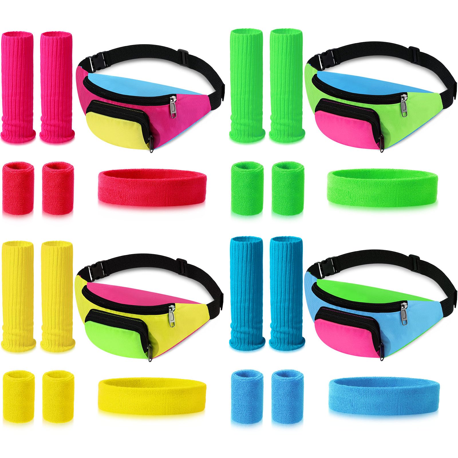 Xuniea 4-Piece 80s Workout Accessories Set for Women - Retro Fanny Pack, Neon Leg Warmers, Headband & Wristbands | 80s 90s Disco Party, Cosplay & Dance Costume Outfit