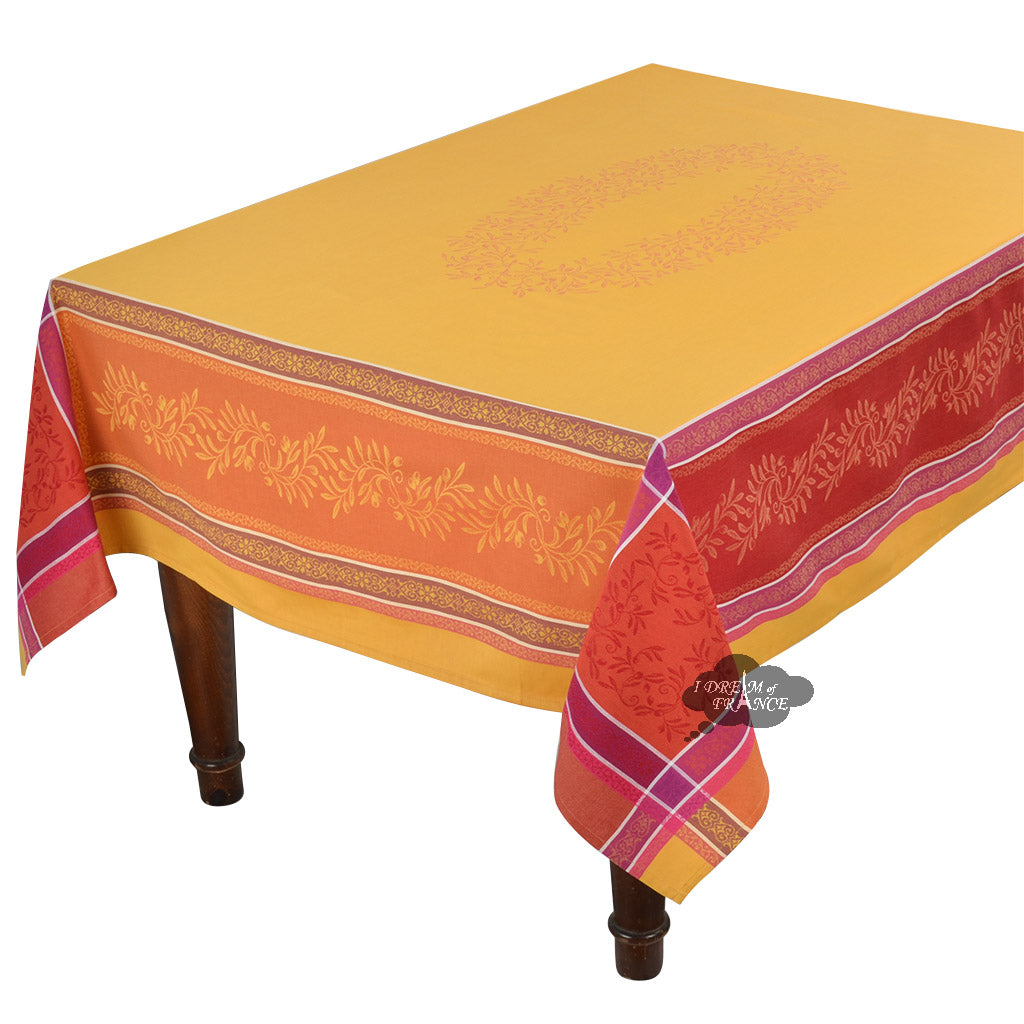 62x98 Inch Rectangular Olivia Yellow & Red French Jacquard Tablecloth by Tissus Toselli - Elegant Dining Table Cover for Weddings, Parties & Formal Events