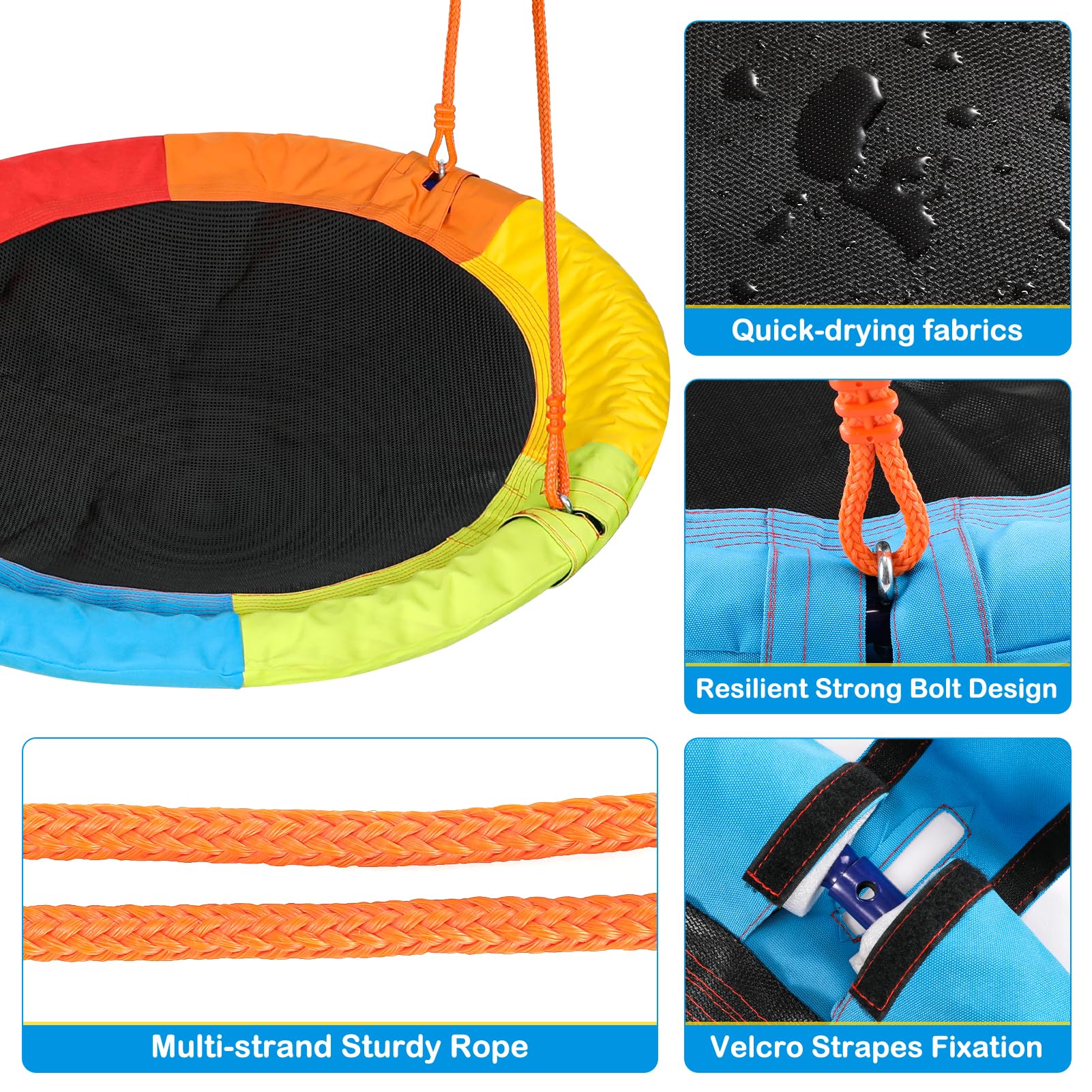 GIKPAL 440lbs Heavy-Duty Saucer Swing Set with Metal Frame & Adjustable Ropes - Outdoor Kids Swing for Backyard, Playground, Park - Waterproof Rainbow Round Swing for Toddlers & Children (Perfect for Outdoor Play, Family Fun & Backyard Activities)