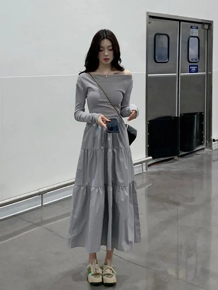 Elegant High Waist Off Shoulder Long Sleeve Pleated Evening Dress for Women - Gray Autumn Party Gown for Club Night, Date Night & Formal Events