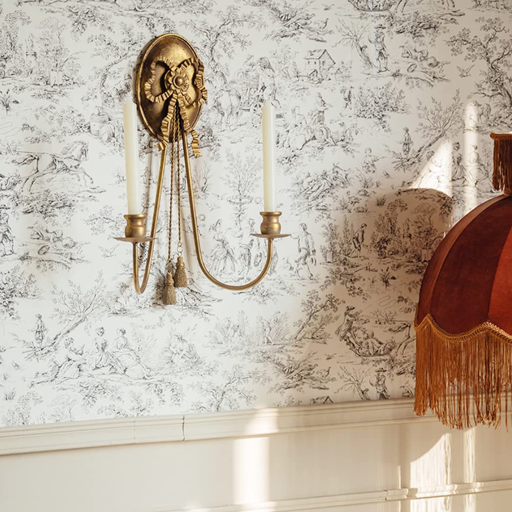 Romantic Gold Wall Mounted Candle Sconces with Bow Pendant - 2 Arm Metal Candle Holders for Living Room, Fireplace, Yard & Pathway Decor - Perfect for Wedding, Dining Room & Outdoor Lighting Ambiance
