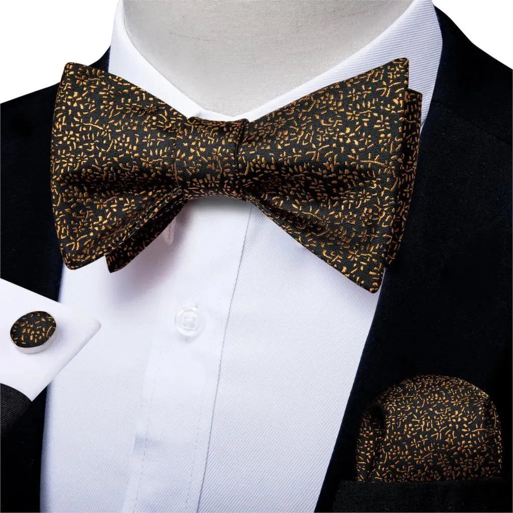 Golden Leaves Silk Bow Tie Set for Men - Elegant Formal Wedding Accessories - Perfect for Prom, Tuxedo, and Special Occasions