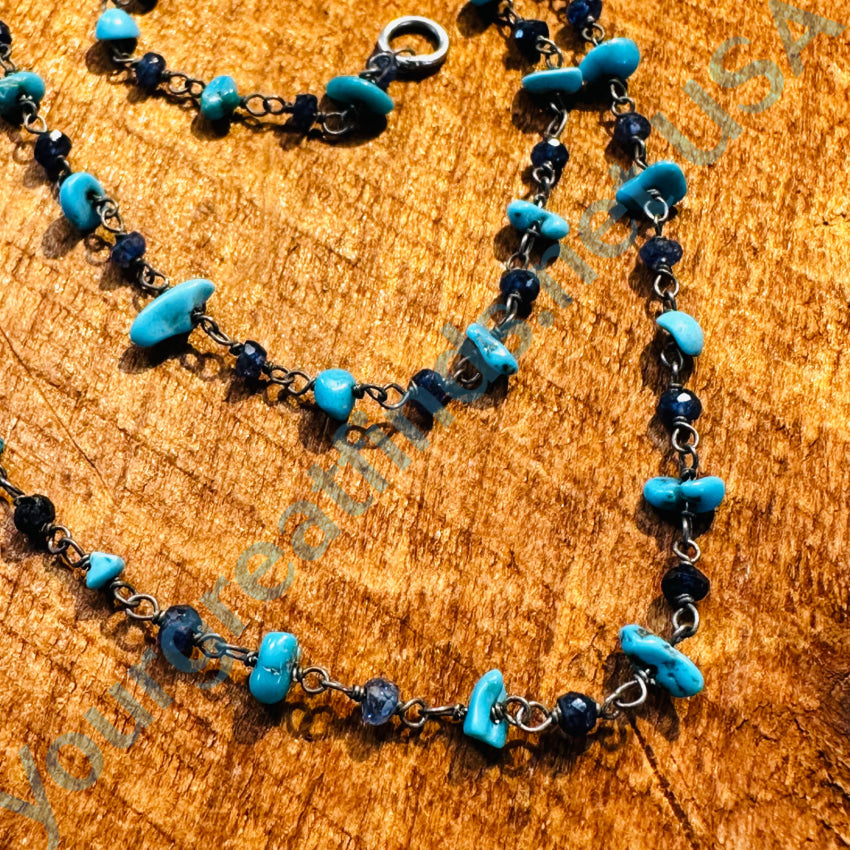 Elegant Sterling Silver Blue Sapphire & Turquoise Beaded Necklace | Handmade Jewelry for Women | Perfect for Weddings, Parties & Gifts