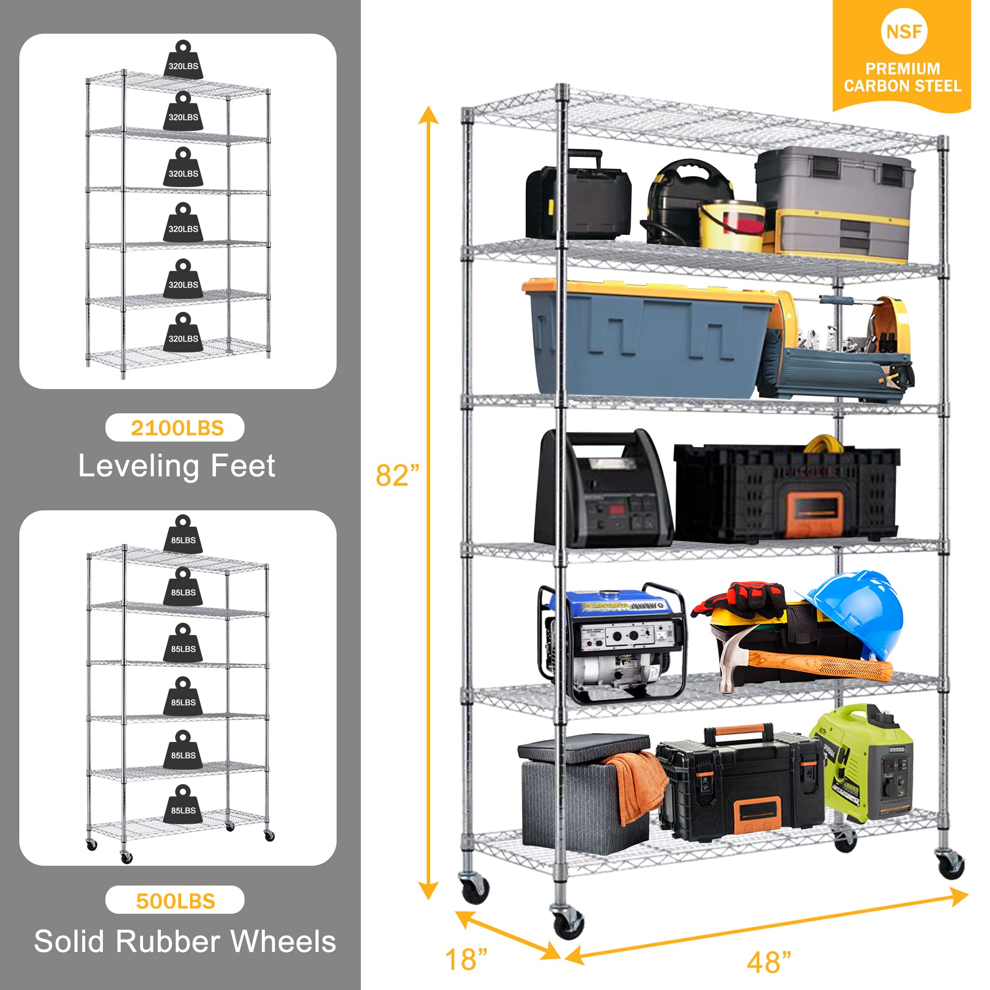 6-Tier Heavy Duty Metal Shelving Unit - 2100LBS Capacity NSF-Certified Commercial Storage Rack with Wheels, Adjustable Height for Kitchen, Garage, Pantry & Warehouse Organization | Rolling Utility Shelves for Home & Business Use