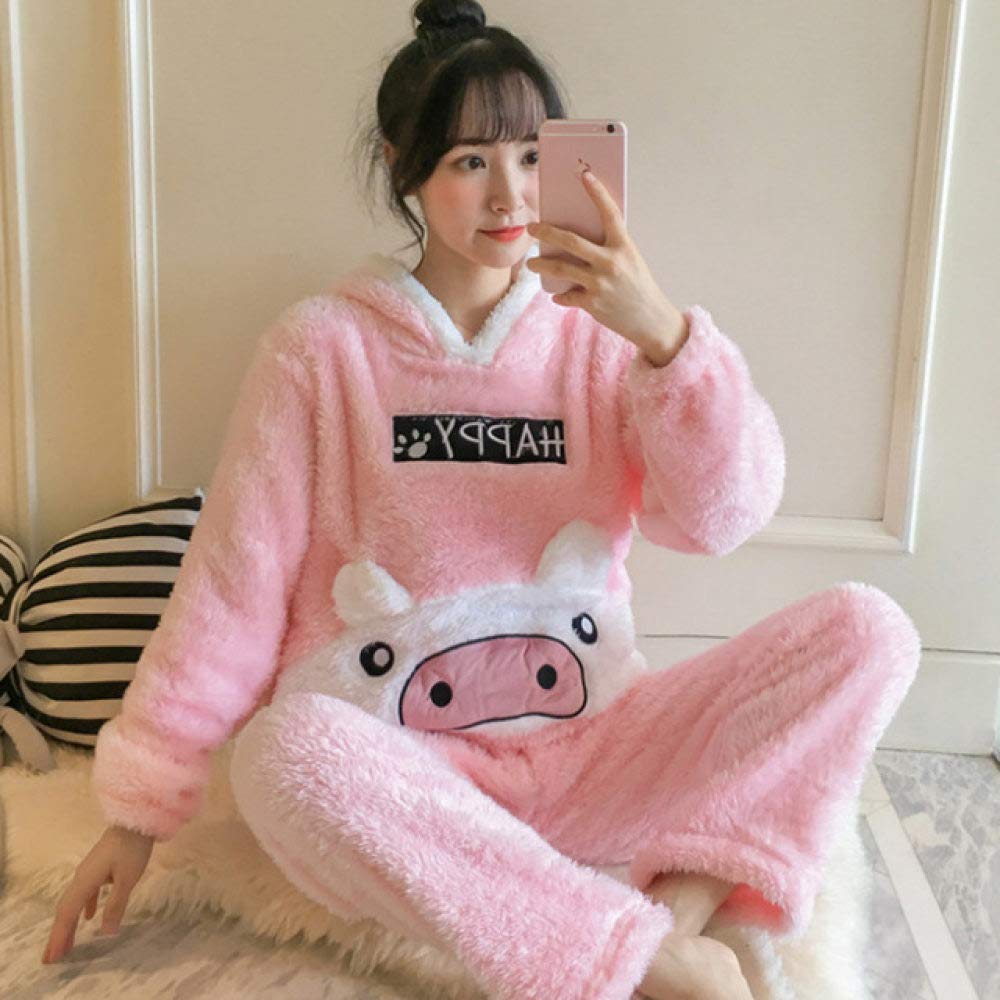 Women's Winter Flannel Pajama Set - Warm Long Sleeve Nightgown & Pants with Coral Velvet Trim | Cozy Homewear for Cold Nights | XL Size in Pig Pink (139) | Perfect for Christmas Gifts, Sleepovers & Relaxing at Home