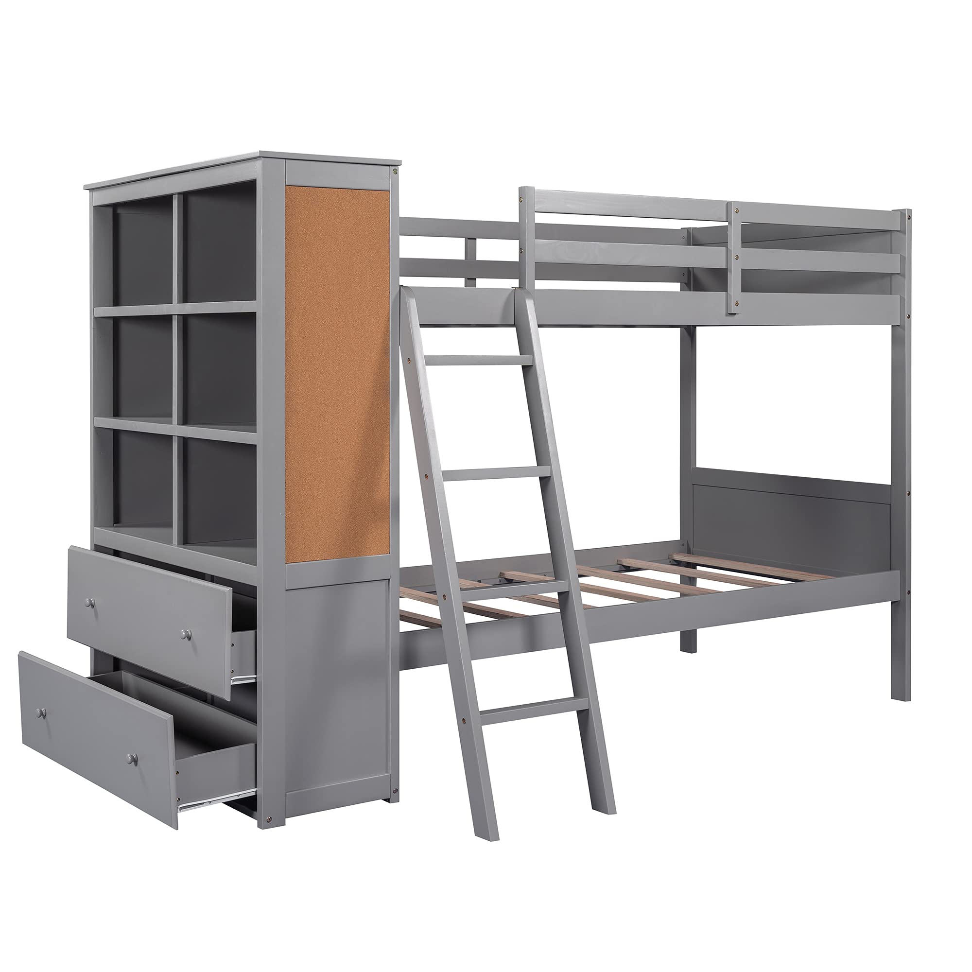 Twin Over Twin Wood Bunk Bed with Bookcase & Storage - Full-Length Guardrails & Ladder - Multi-Functional Kids Bunk Bed with Shelves & Drawers (Gray) - Perfect for Small Bedrooms, Shared Kids Rooms & Space-Saving Solutions