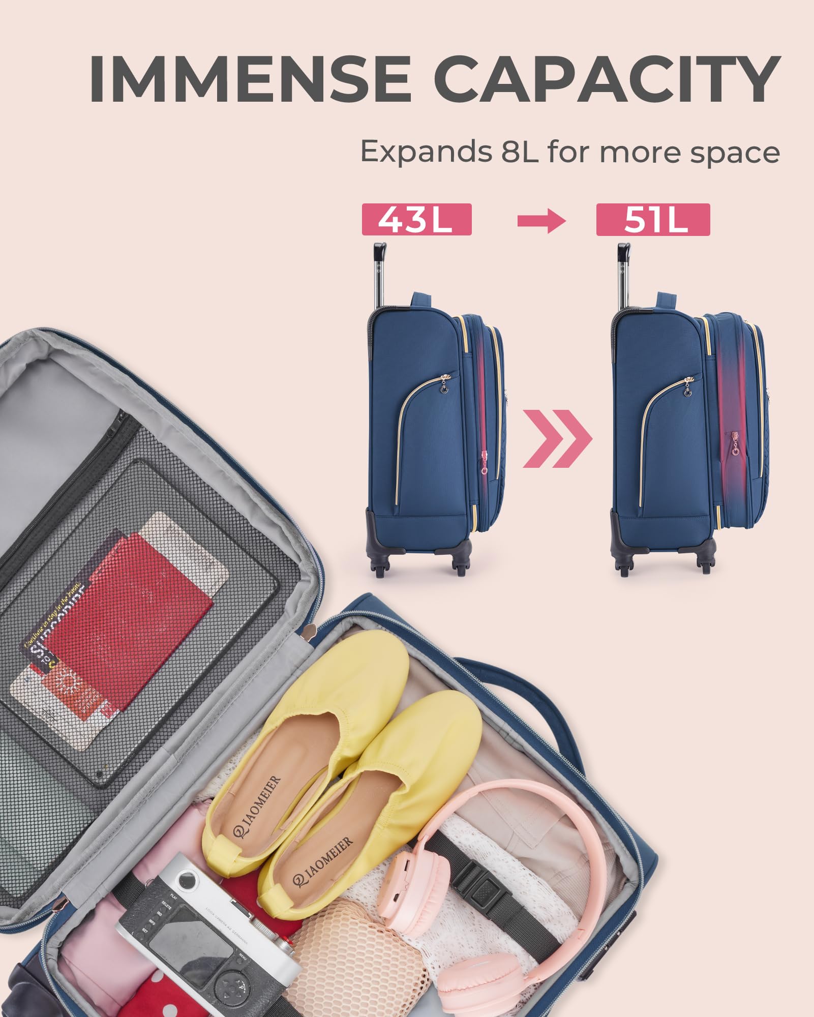 BAGSMART 20 Inch Expandable Carry On Luggage - Lightweight TSA Approved Suitcase with Spinner Wheels, Dark Blue Polyester Travel Bag for Business Trips & Weekend Getaways