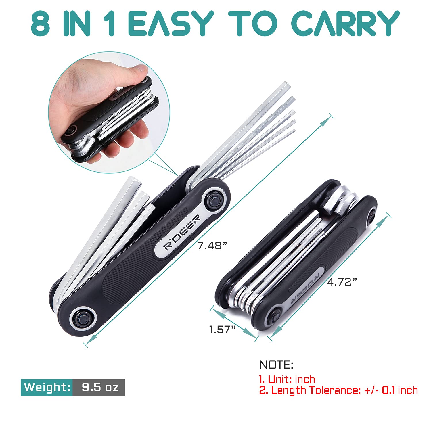 R'DEER 8-in-1 Folding Hex Key Set - Metric Allen Wrench Kit (1.5mm-8mm) with Comfort Grip | Portable Bike Repair Tool for Cycling, Home DIY & Outdoor Maintenance