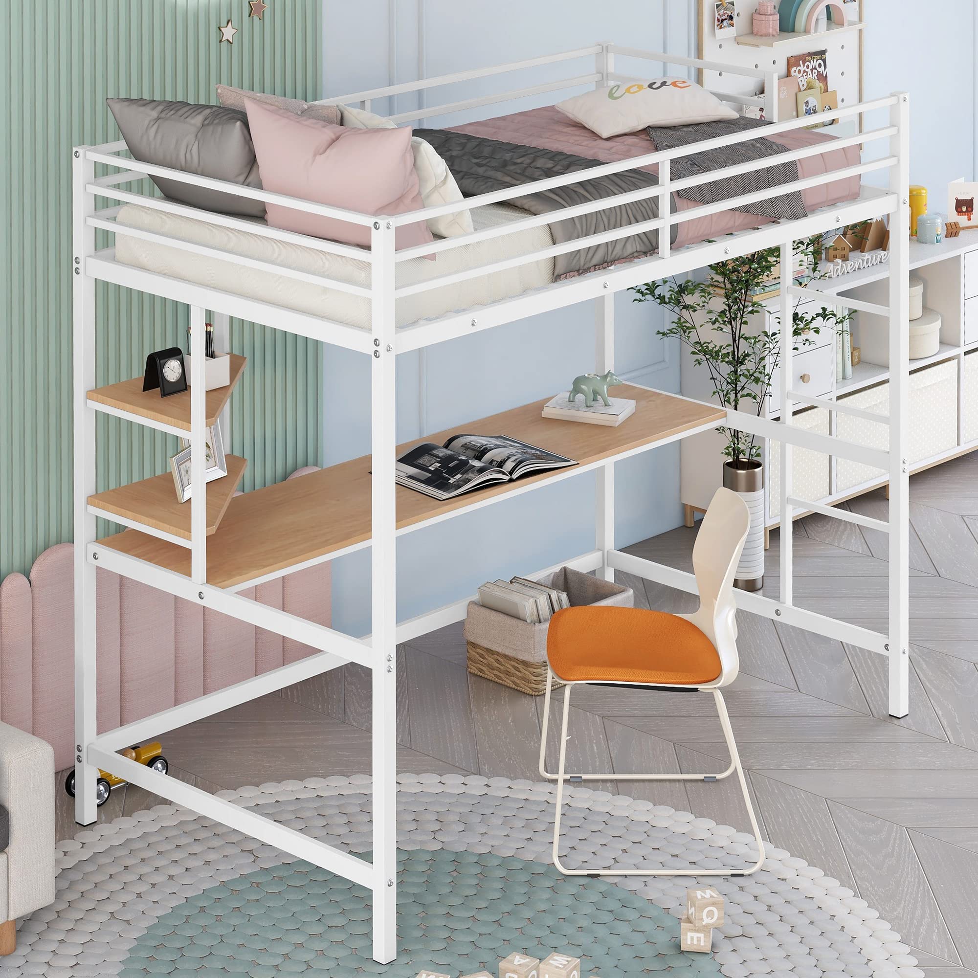 Twin Size Loft Bed with Desk & Storage - Heavy Duty Metal Frame for Kids - Safety Guardrail & Space Saving Design - Perfect for Small Bedrooms, Dorms & Studio Apartments (White)