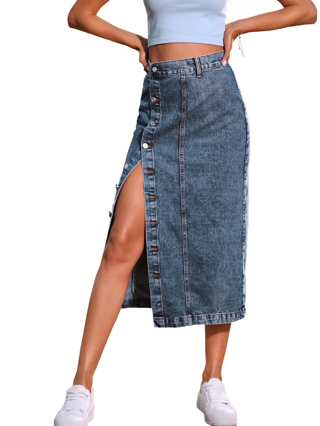 Women's High Waisted Button Up Denim Skirt - Casual Long Midi Jean Skirt for Everyday Wear, Office & Date Night Outfits