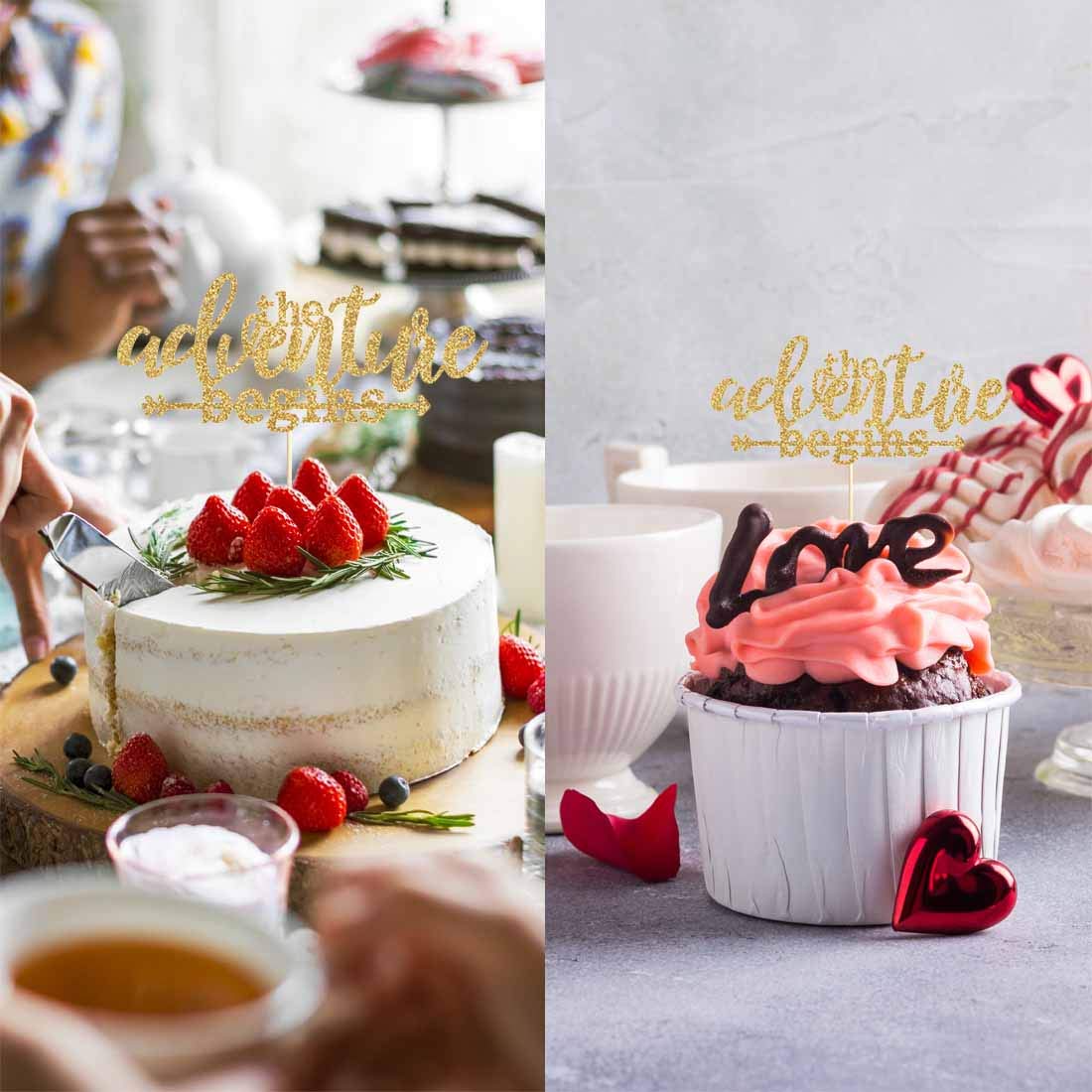 Gold Glitter 'The Adventure Begins' Cake Topper - Wedding Arrow Decor for Bridal Showers & Engagement Parties - Perfect for Anniversary Cakes, Baby Showers & Romantic Celebrations