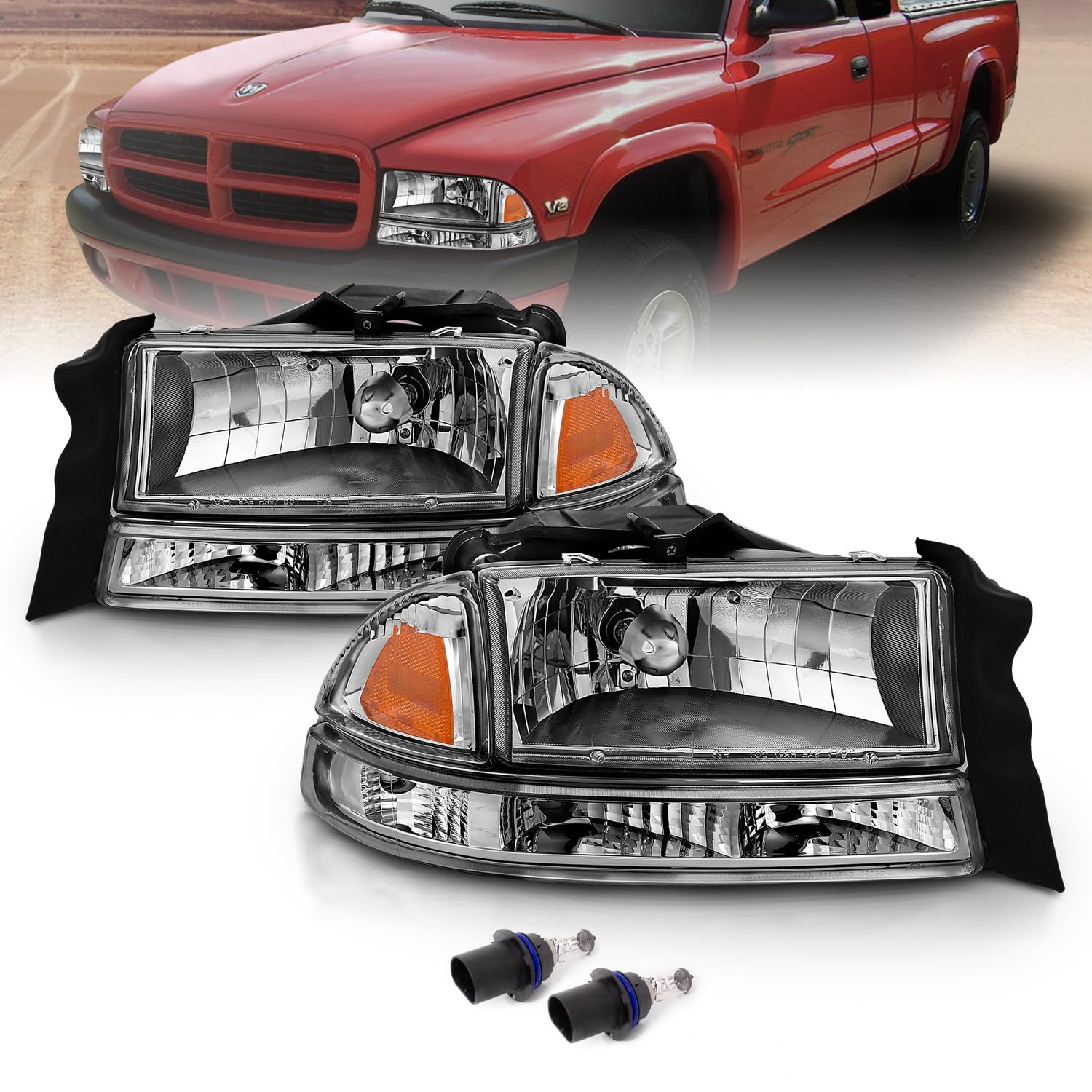 AmeriLite Chrome Replacement Headlights Corner Parking Light Set for Dodge Dakota & Durango - Driver & Passenger Side - High Visibility & Durable for Night Driving & Off-Road Adventures