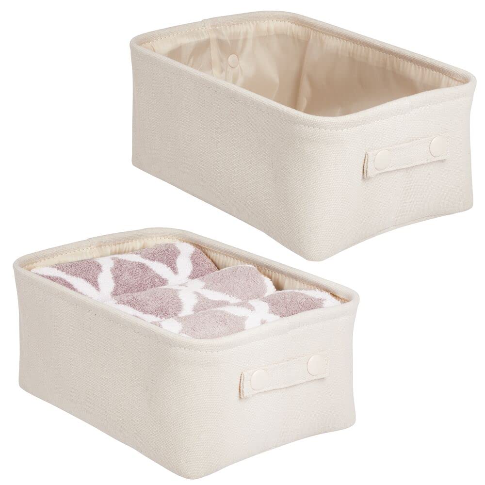 Soft Cotton Fabric Closet Storage Organizer Bin Basket with Lined Interior & Handles - 2 Pack Cream/Beige - Perfect for Bathroom Vanity, Cabinet, Shelf & Countertop Organization