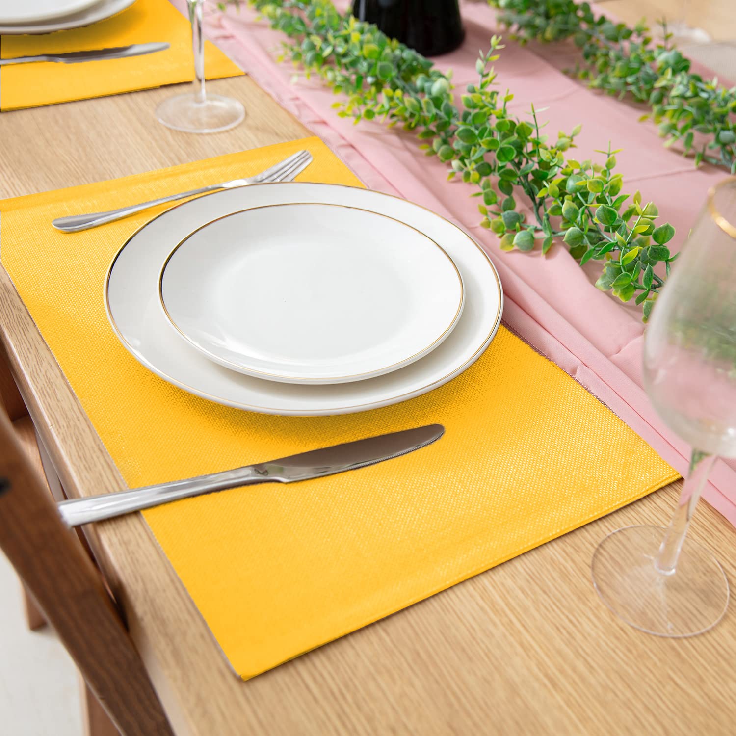 Premium 8-Piece Linen-Like Polyester Placemats Set - Machine Washable, Heat Resistant & Wrinkle-Free Thick Dining Table Mats for Kitchen & Home Decor (Yellow) - Perfect for Everyday Meals, Dinner Parties & Holiday Gatherings