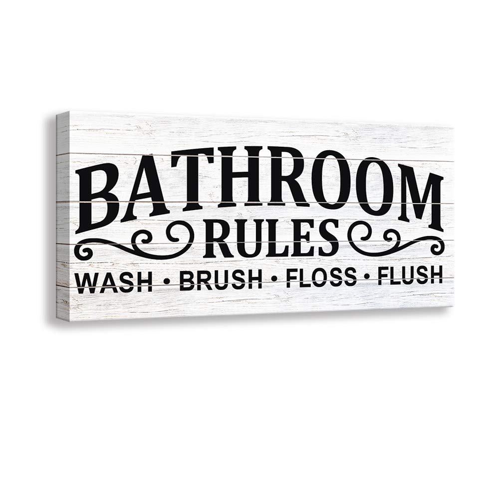 Vintage Bath Canvas Wall Art Decor - Rustic Bathroom Rules Print Sign Framed - 8x16 Inch Bath & Laundry Room Decor | Perfect for Farmhouse, Cottage & Boho Style Bathrooms