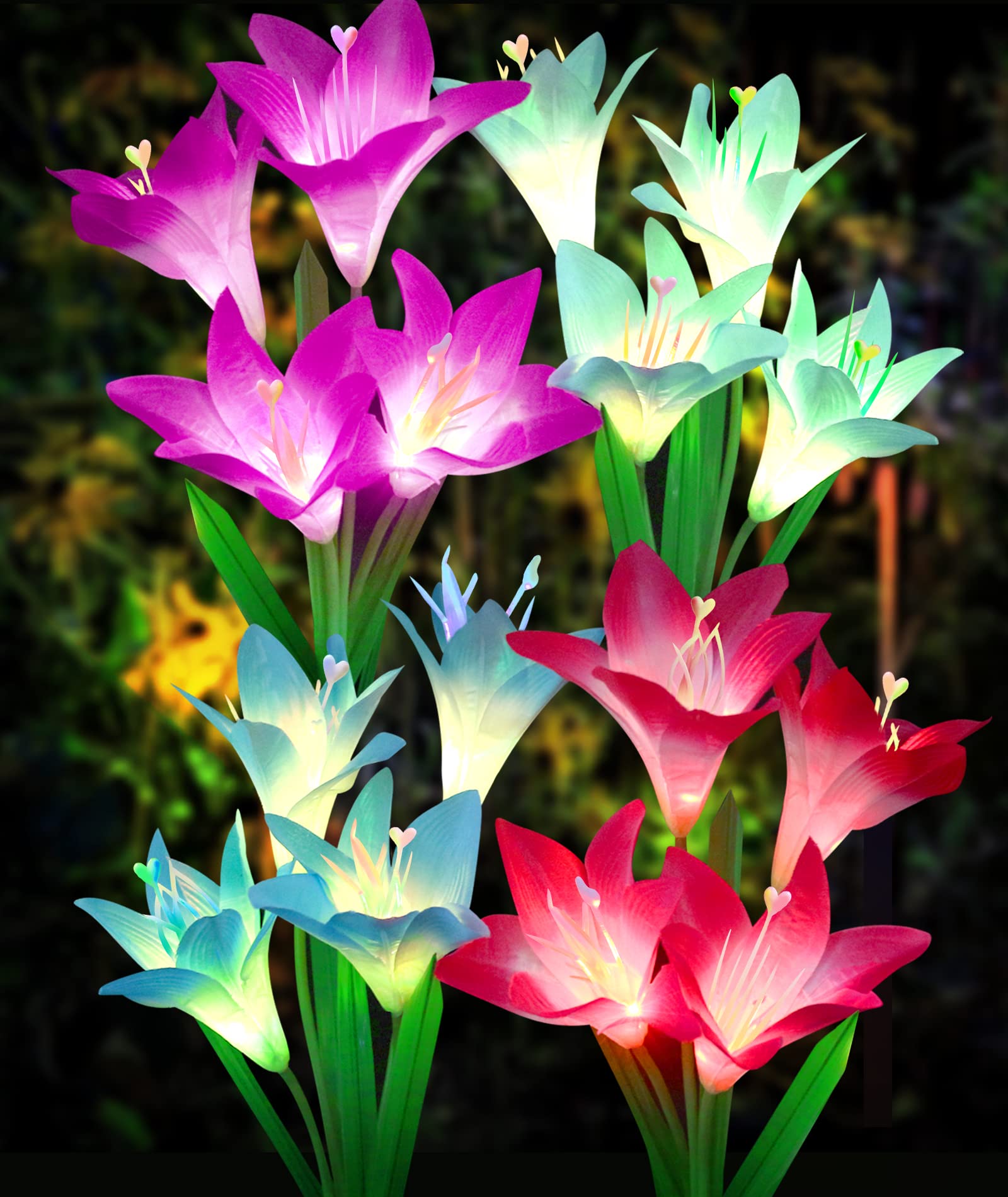 Sooreally 4 Pack 16 Lily Solar Lights Outdoor - Waterproof Garden Decor with 7 Color Changing Modes for Lawn, Patio, Walkway, Yard - Perfect Gift for Home & Garden Decorations (Purple, White, Blue, Pink)