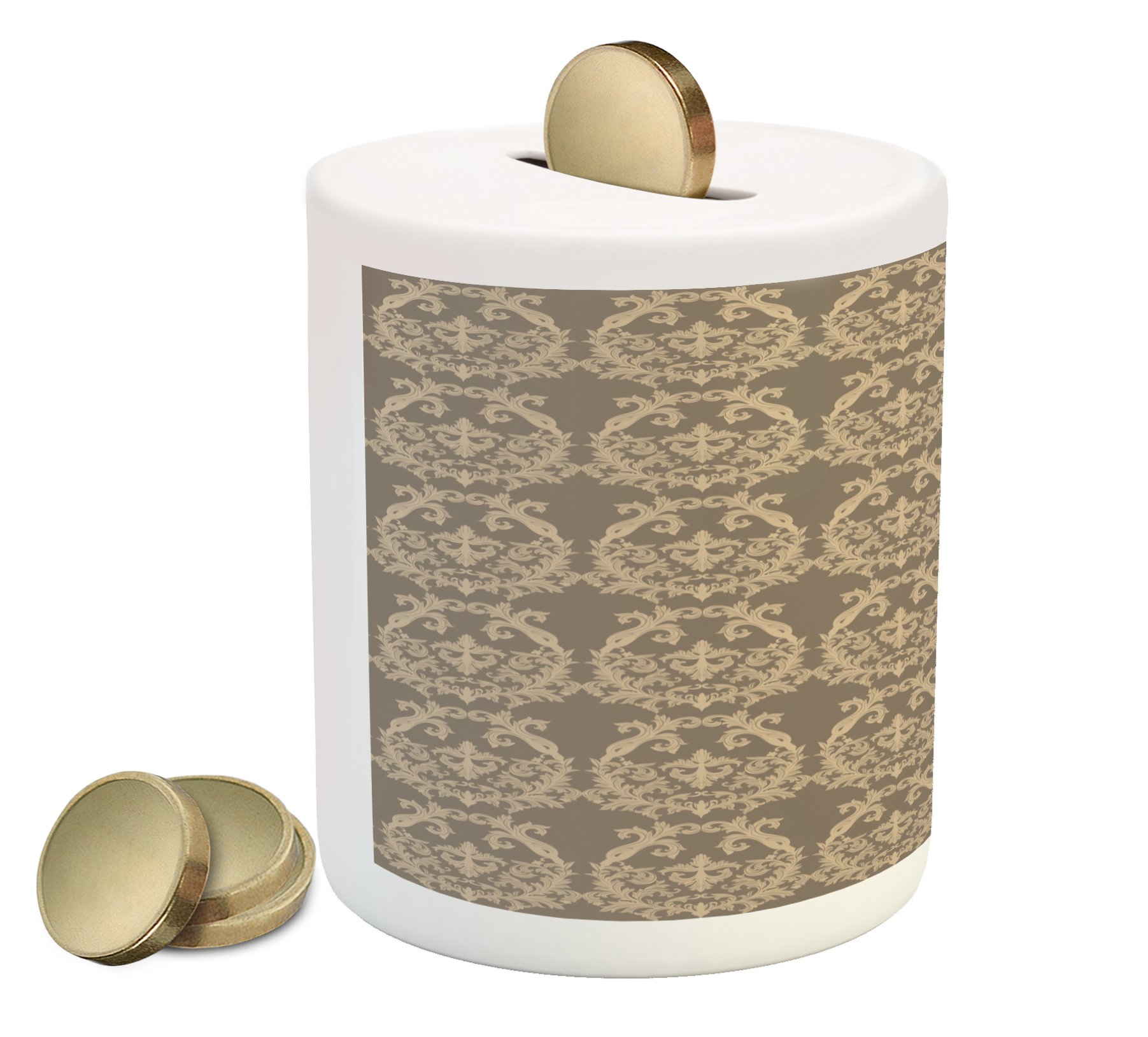 Ambesonne Taupe Ceramic Piggy Bank with Royal Victorian Botanical Floral Design - Vintage Money Box for Cash Savings in Warm Taupe Sand Brown - Perfect for Home Decor, Gift Giving & Coin Collecting