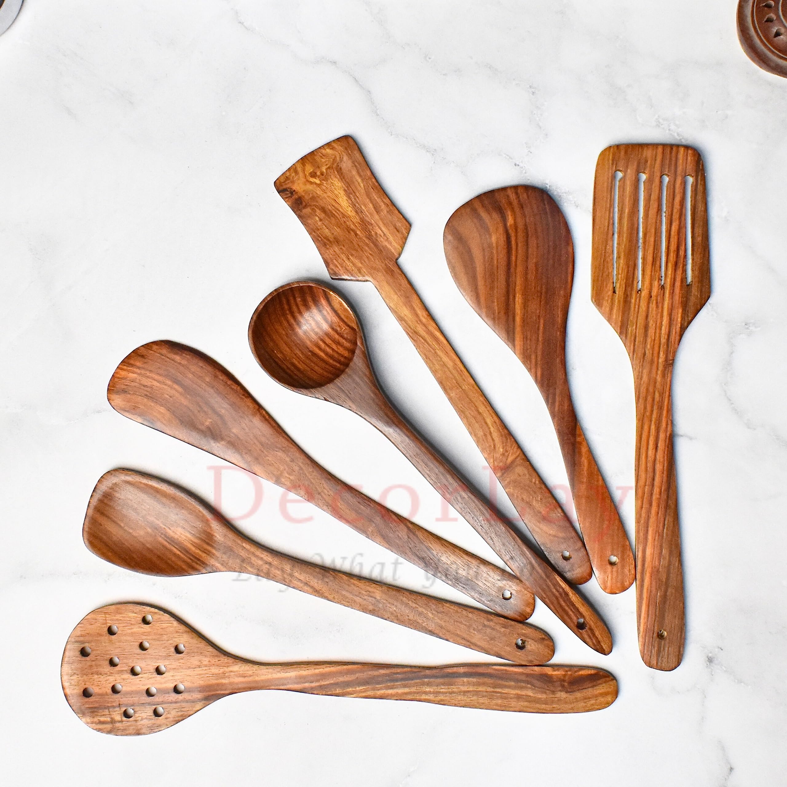 Premium 7-Piece Wooden Cooking Spoon Set - Natural Brown Kitchen Utensils (35cm) for Stirring, Mixing & Serving - Ideal for Cooking, Baking & Food Presentation