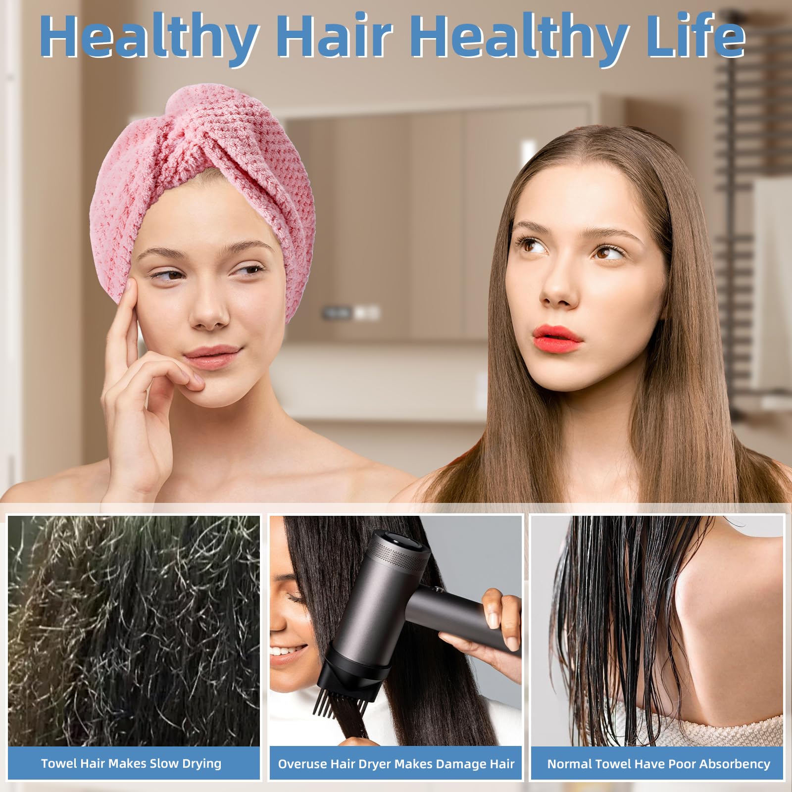 **4 Pack Hair Towel Wrap for Women - 9.8 x 25.6 Inch Microfiber Hair Turban for Wet & Curly Hair - Quick Dry Hair Towel Wrap for Long Hair - Perfect for Shower, Spa & Salon Use**