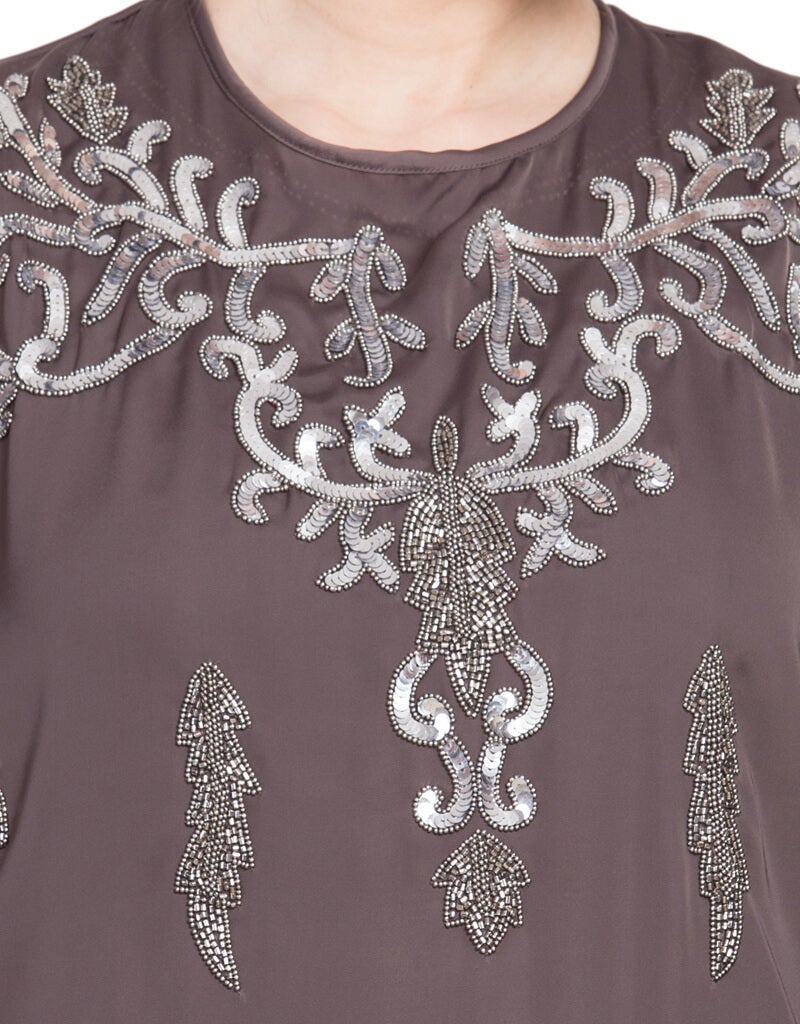 Elegant Arabic Full Hand Embellished A-Line Nida Abaya in Brown - Perfect for Islamic Prayer, Eid Celebrations & Modest Fashion