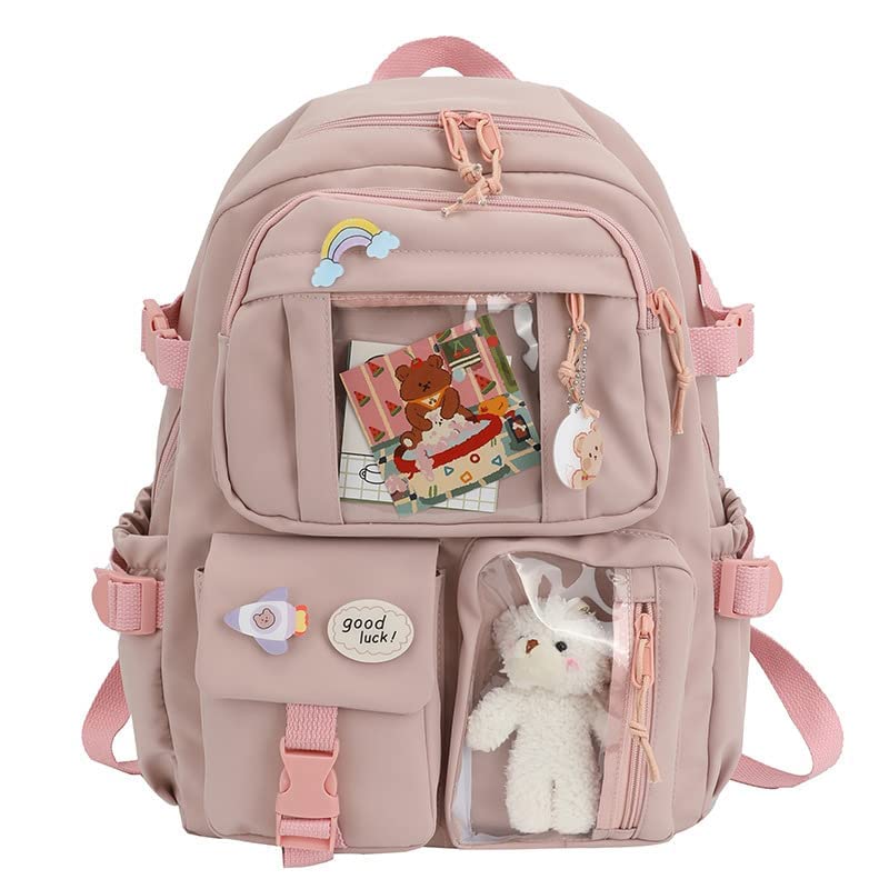 Cute Pink Kawaii Backpack for School - Stylish Bookbag with Adorable Pins & Accessories | Perfect for Students, Anime Fans & Kawaii Fashion Lovers