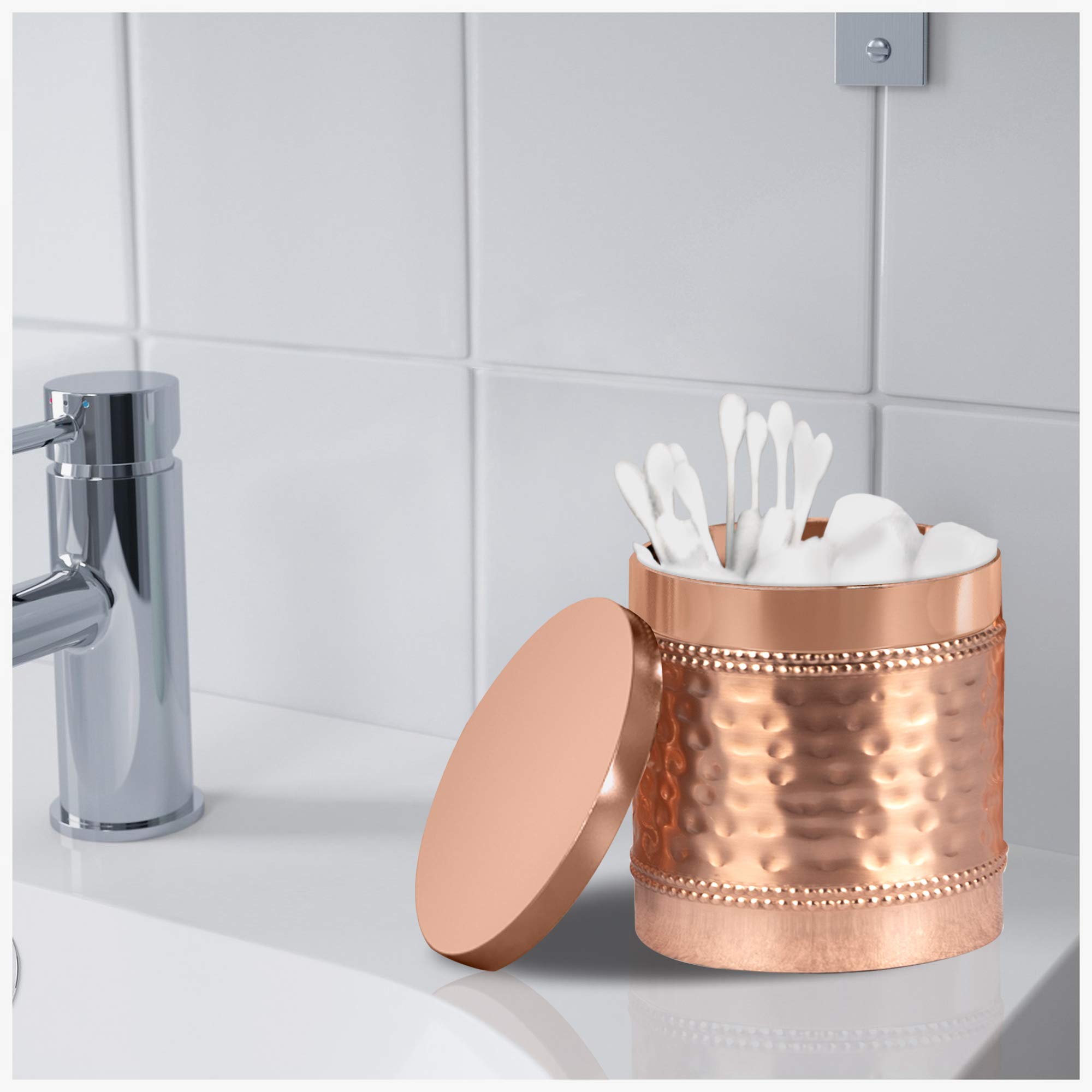 Premium Copper Plated Stainless Steel Q-Tip Holder & Jar - Elegant Bathroom Vanity Organizer for Cotton Swabs, Makeup Tools | Perfect for Bathroom Countertops, Dressers & Spa Decor
