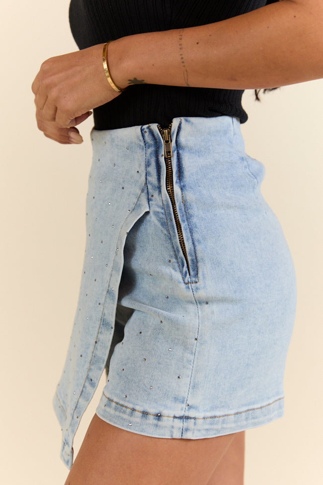 Stylish Light Wash Rhinestone Studded Denim Skort for Women | High Waist Denim Skirt Shorts | Perfect for Casual Outings, Parties & Summer Fashion