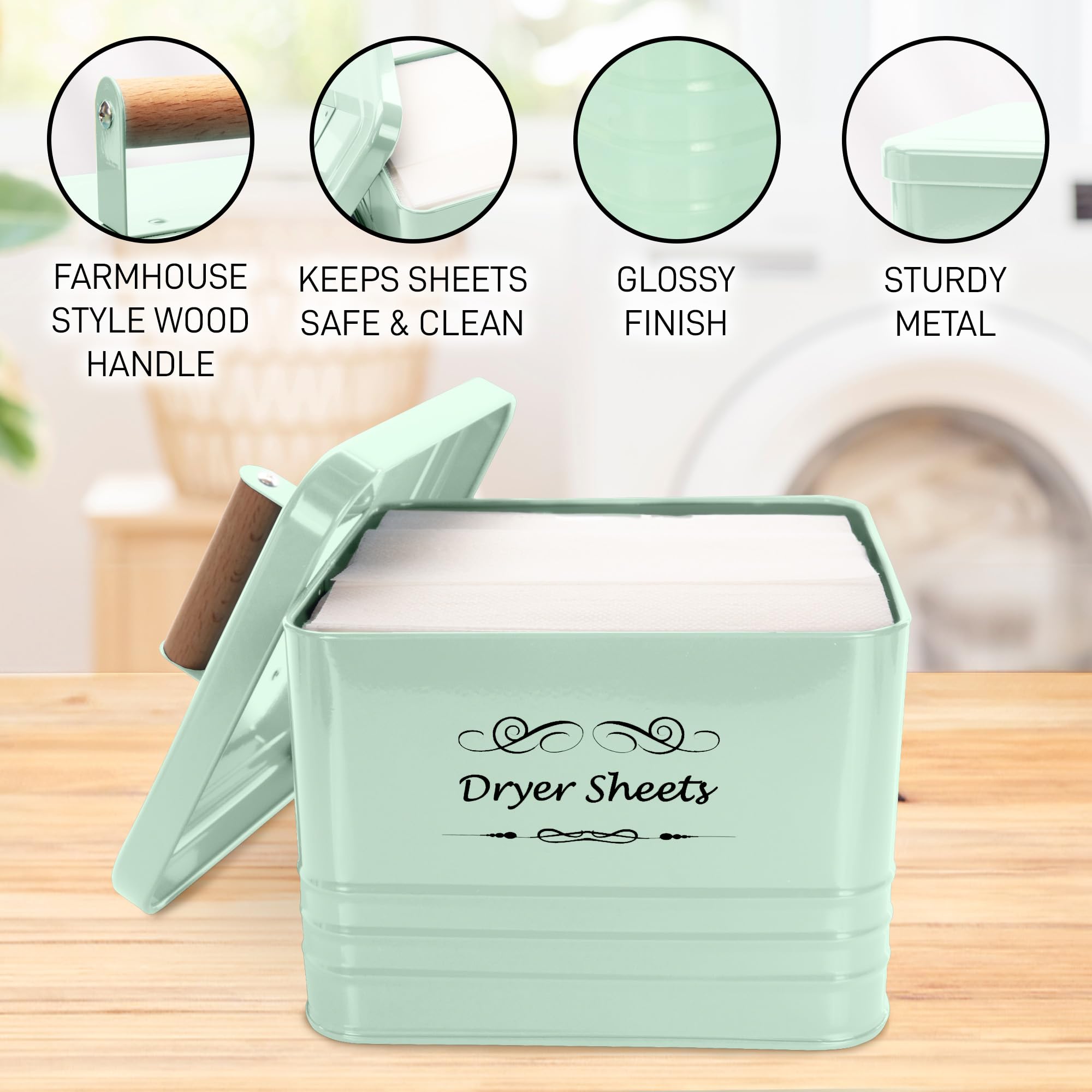 ELITAPRO Metal Dryer Sheet Holder with Lid - Farmhouse Style Laundry Room Organizer & Storage Box for Dryer Sheets - Rustic Home Decor Accessory (Mint Green) | Perfect for Laundry Room Organization & Clothes Softening