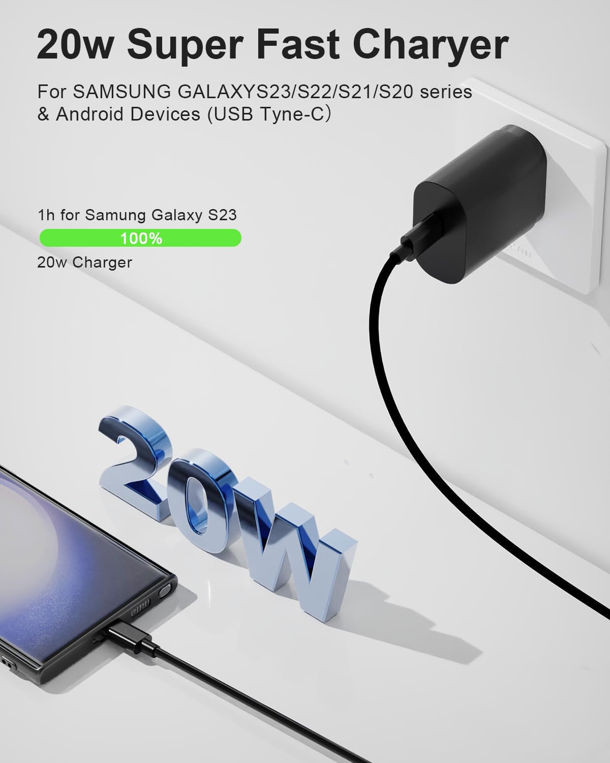 Fast Charging USB C Wall Charger with USB C to C Cable - Super Fast Charger Block for iPhone 15, Galaxy S24/S23/S22/S21/S20 Ultra, Note 20 & Android Phones | Perfect for Home, Office & Travel Charging
