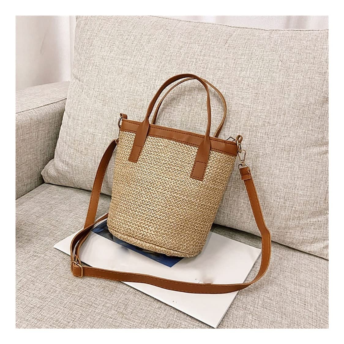 Women's Straw Bucket Bag - Woven Beach Tote with Handles, Casual Holiday Shoulder Handbag for Women (21 x 18cm) - Perfect for Beach Vacations, Pool Parties & Summer Outings